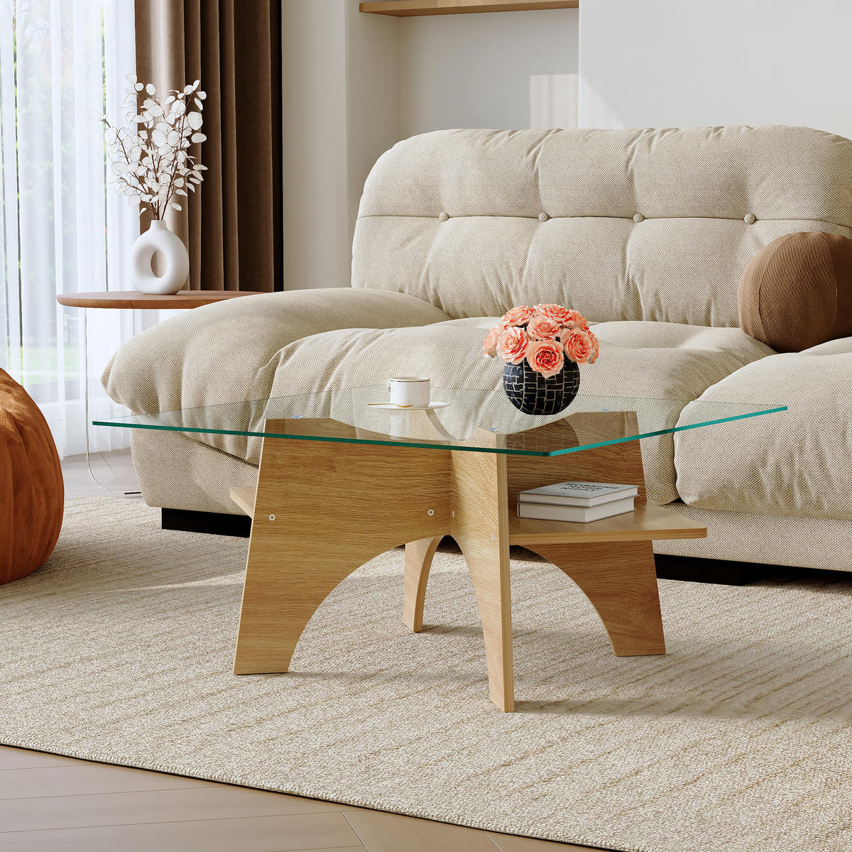 COUCHTISCH in Naturfarbe Moderner quadratischer Beistelltisch mit Holzoptik für Esszimmer und Wohnzimmer, B80/T80/H40 cm - Transparent/Naturfarben, Glas/Holzwerkstoff (80/80/40cm) - STILVORA