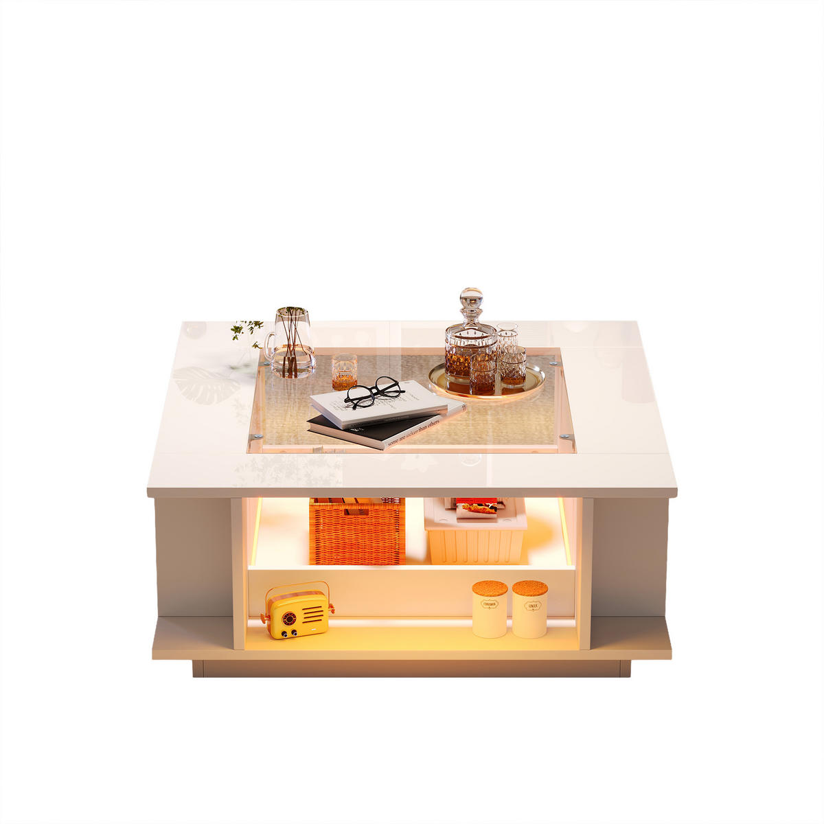 COUCHTISCH weiß aus Spanplatte mit Glasplatte und App-gesteuerter USB-LED 70 × 70 × 30 cm - Weiß, Holzwerkstoff (70/70/30cm) - Luhomfu
