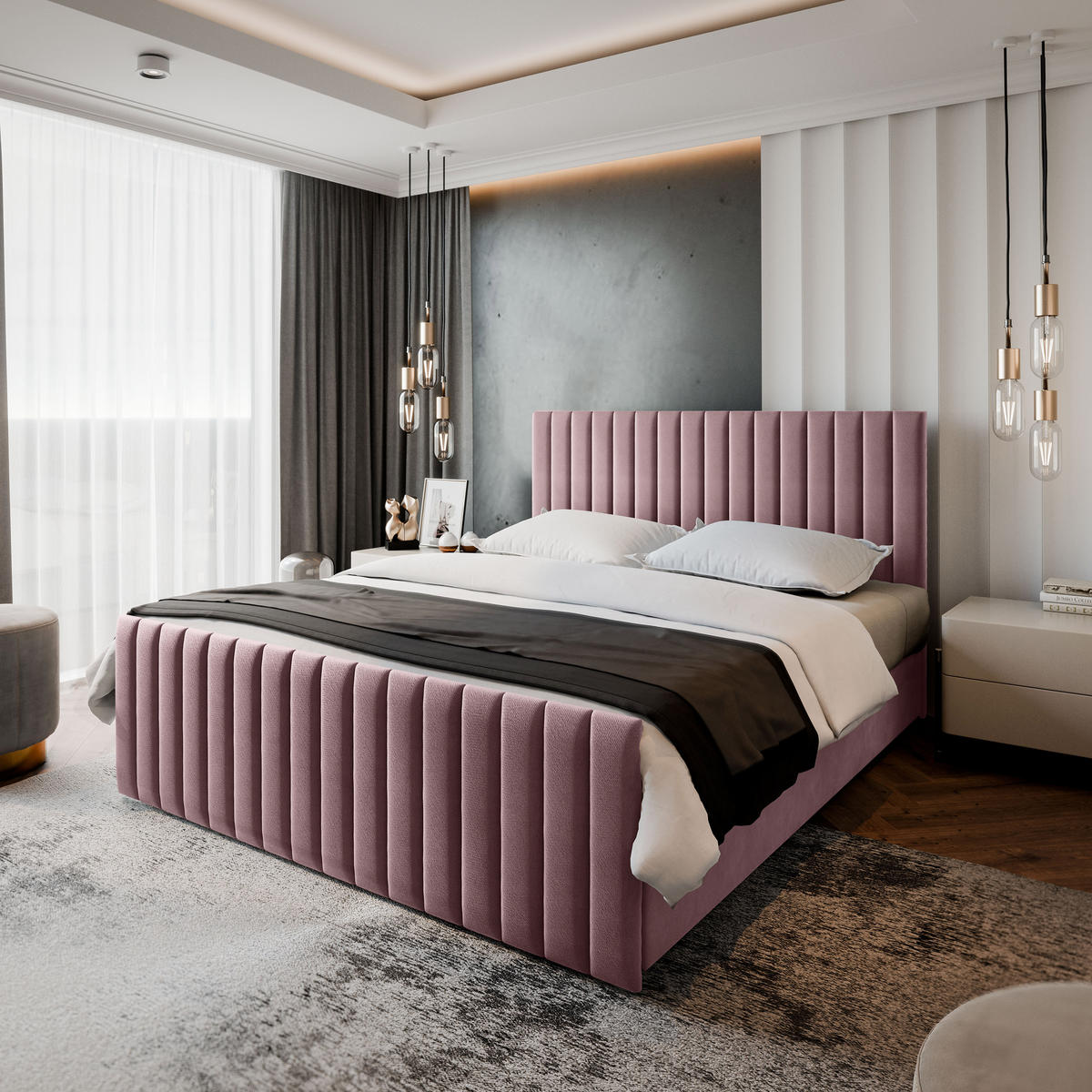 BOXBETT ARION 200x200 cm mit Matratze und Topper, H2+H3 - Rosa - Rosa, Holz (200/200cm) - MASSENO