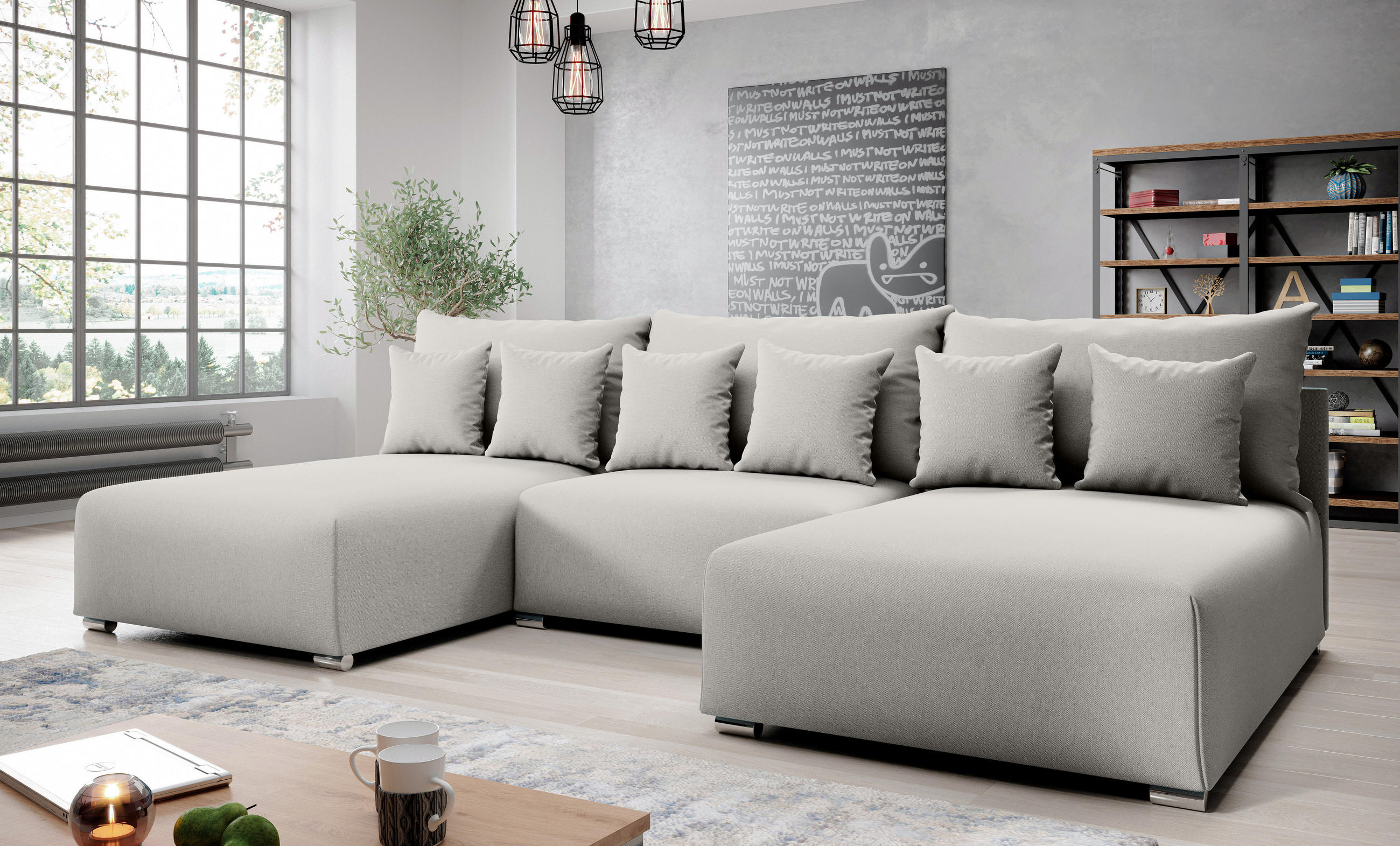 WOHNLANDSCHAFT Ederra U Hellgrau Stoff 300/190/91 cm – großes Sofa mit Schlaffunktion - Silberfarben/Hellgrau, Textil/Metall (300/91/190cm) - AX Living