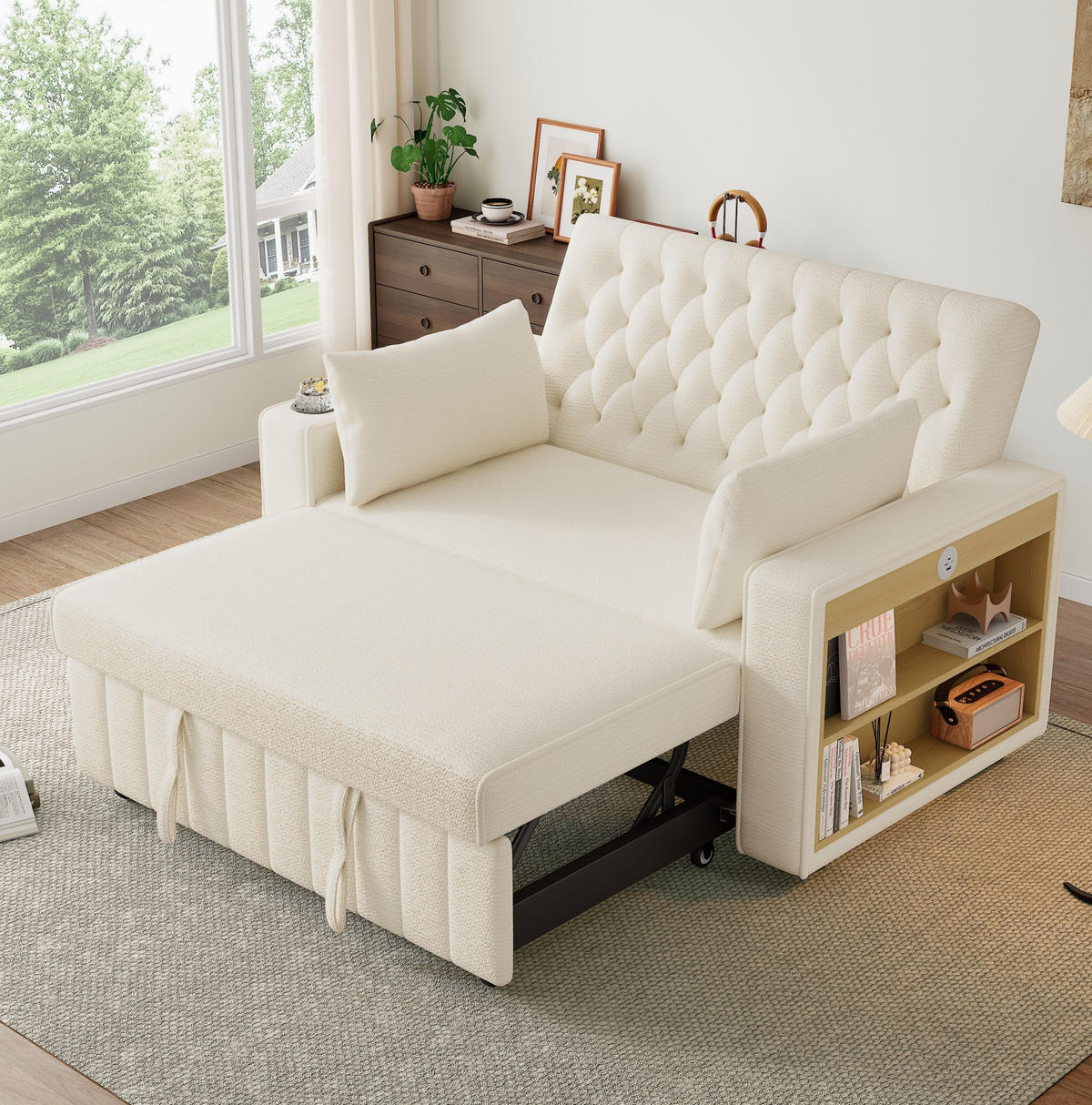 SCHLAFSOFA 140/137 cm Liegefläche in Beige – mit USB und Getränkehalter - Beige, Textil (140/84/137cm) - BEAOK