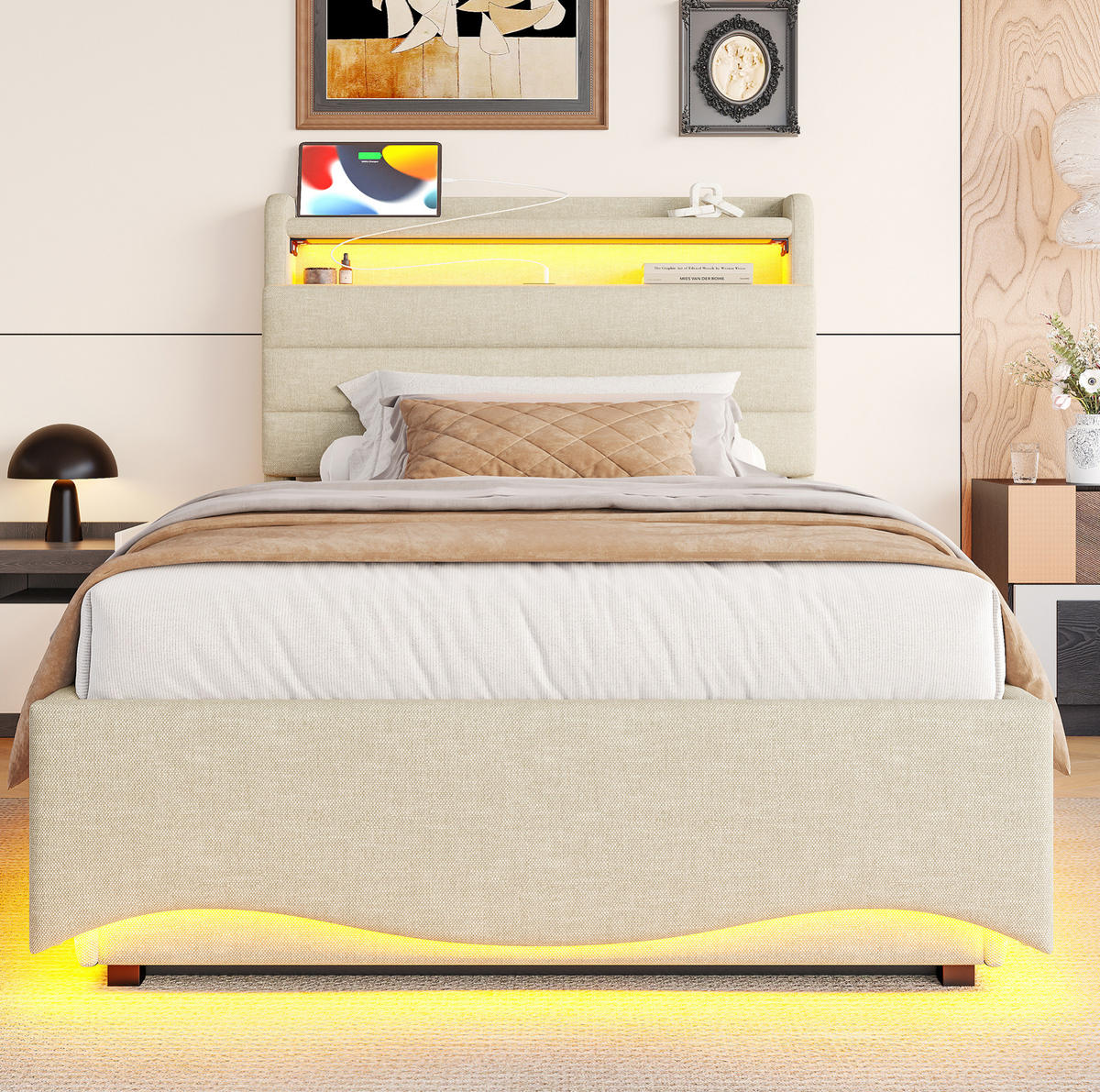 ČALÚNENÁ posteľ 90/200 cm z ľanu béžová, s LED osvetlením, hydraulickým úložným priestorom a USB/Typ-C - béžová, textil (90/200cm) - BEAOK