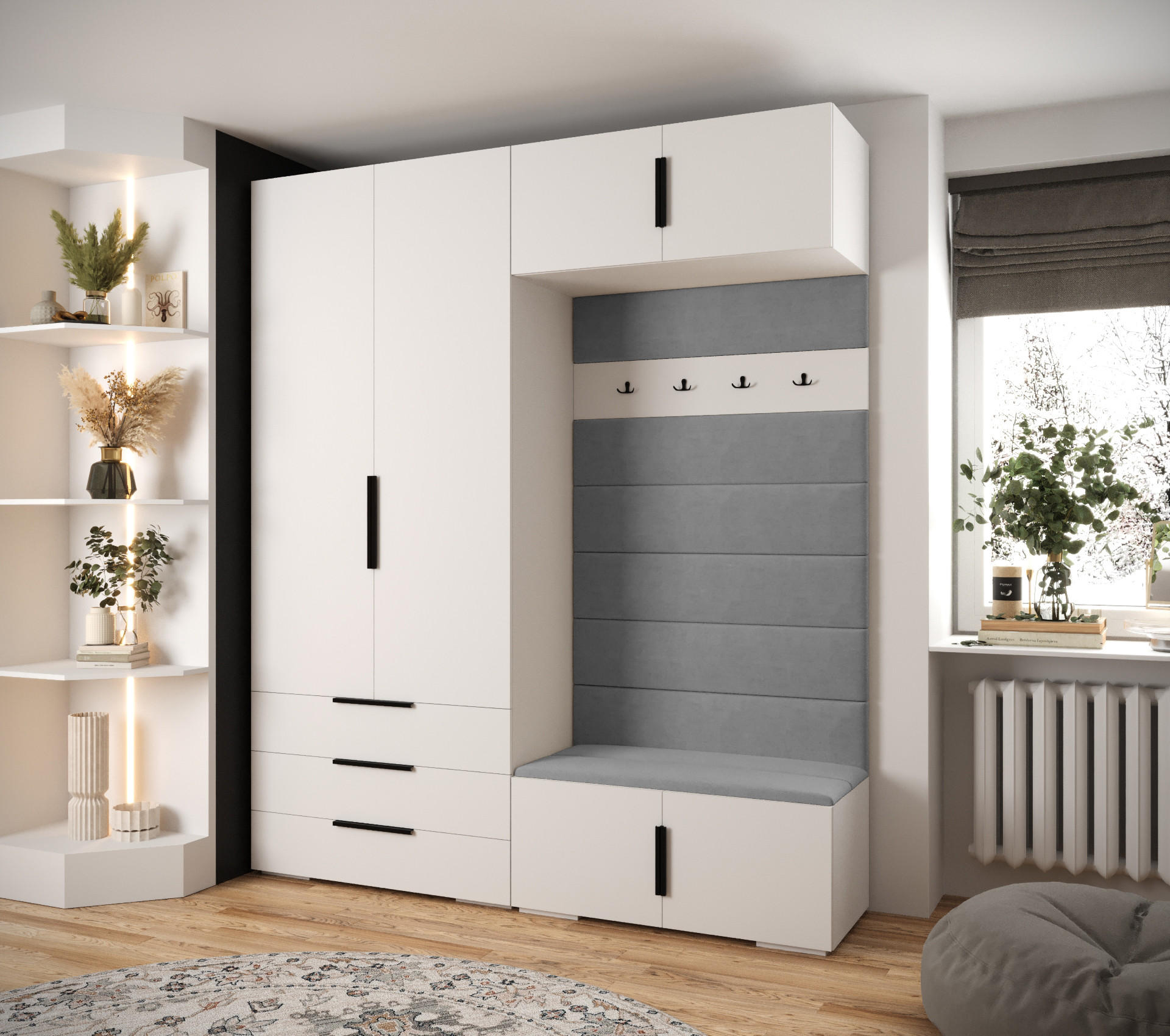 Thumbnail - Abiks Möbel Garderoben-Set, Weiß, Grau, Schwarz, Metall, Nachbildung, 2-Sitzer, 8 Fächer, 200x236.7x47 cm, Garderobe, Ga...