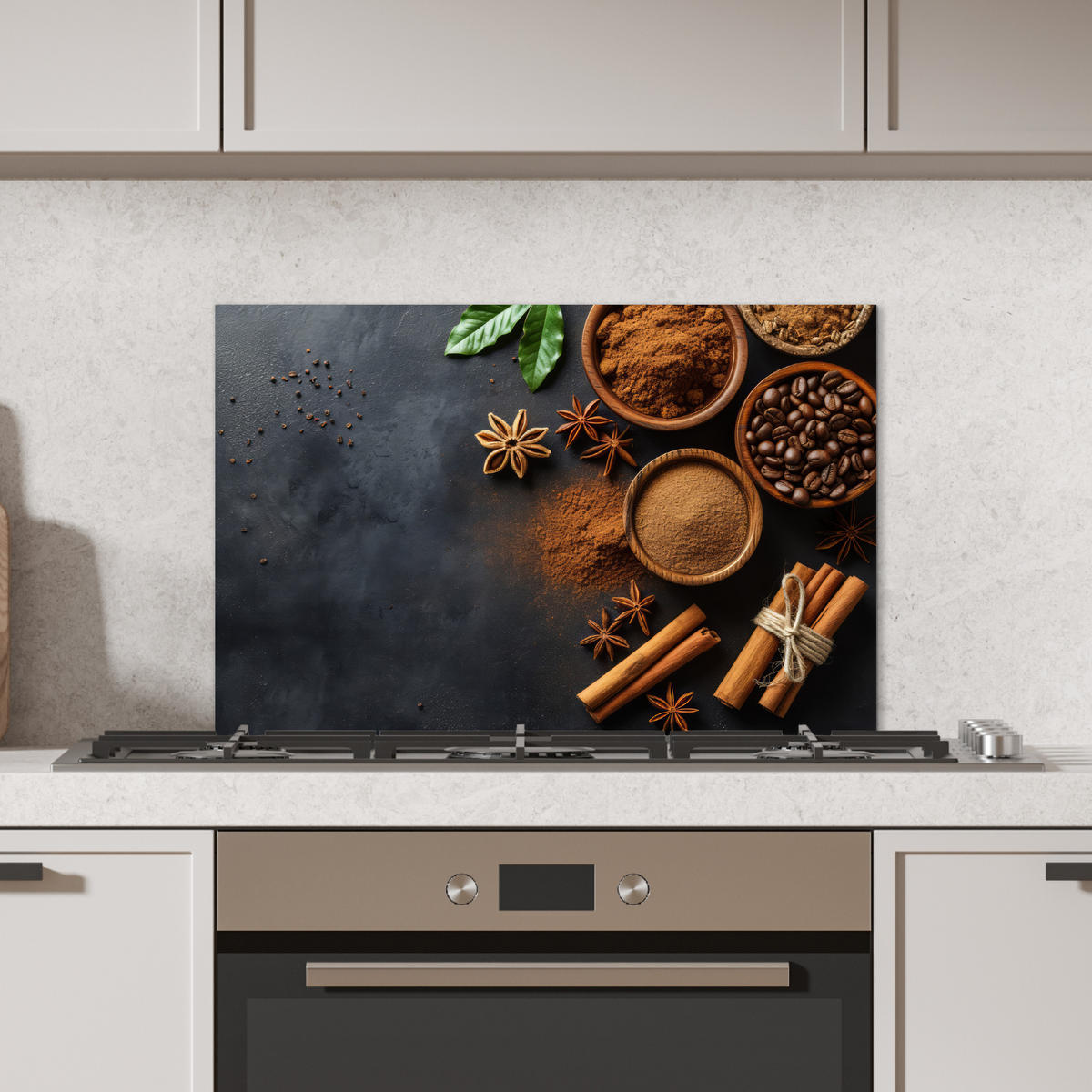 SPRITZSCHUTZ KÜCHE Zimt - Beton - Kaffee - Zimtstangen - Gewürze 60x40 cm - Mokka, Metall (60/0.3/40cm) - MuchoWow
