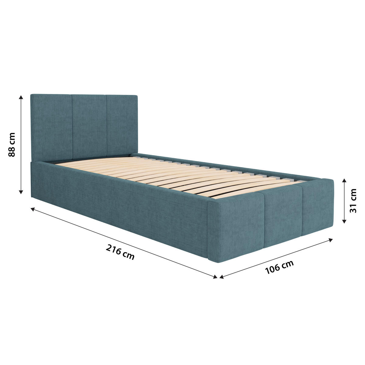 POLSTERBETT für Schlafzimmer Bett mit Stauraum Meerfarbe 90x200cm Kopfteil 88cm - Blau, Holzwerkstoff/Metall (90/200cm) - Muralo