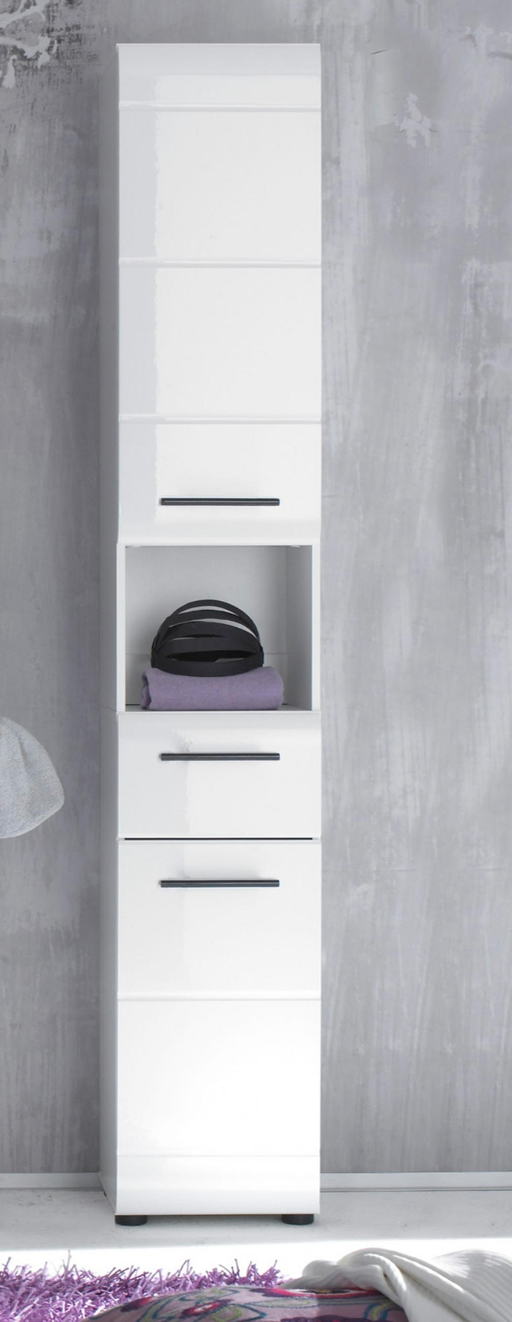 HOCHSCHRANK weiß Hochglanz 30 cm, Badschrank modernes Design - Weiß Hochglanz/Schwarz, Holzwerkstoff/Kunststoff (30/182/31cm) - Top.Furn