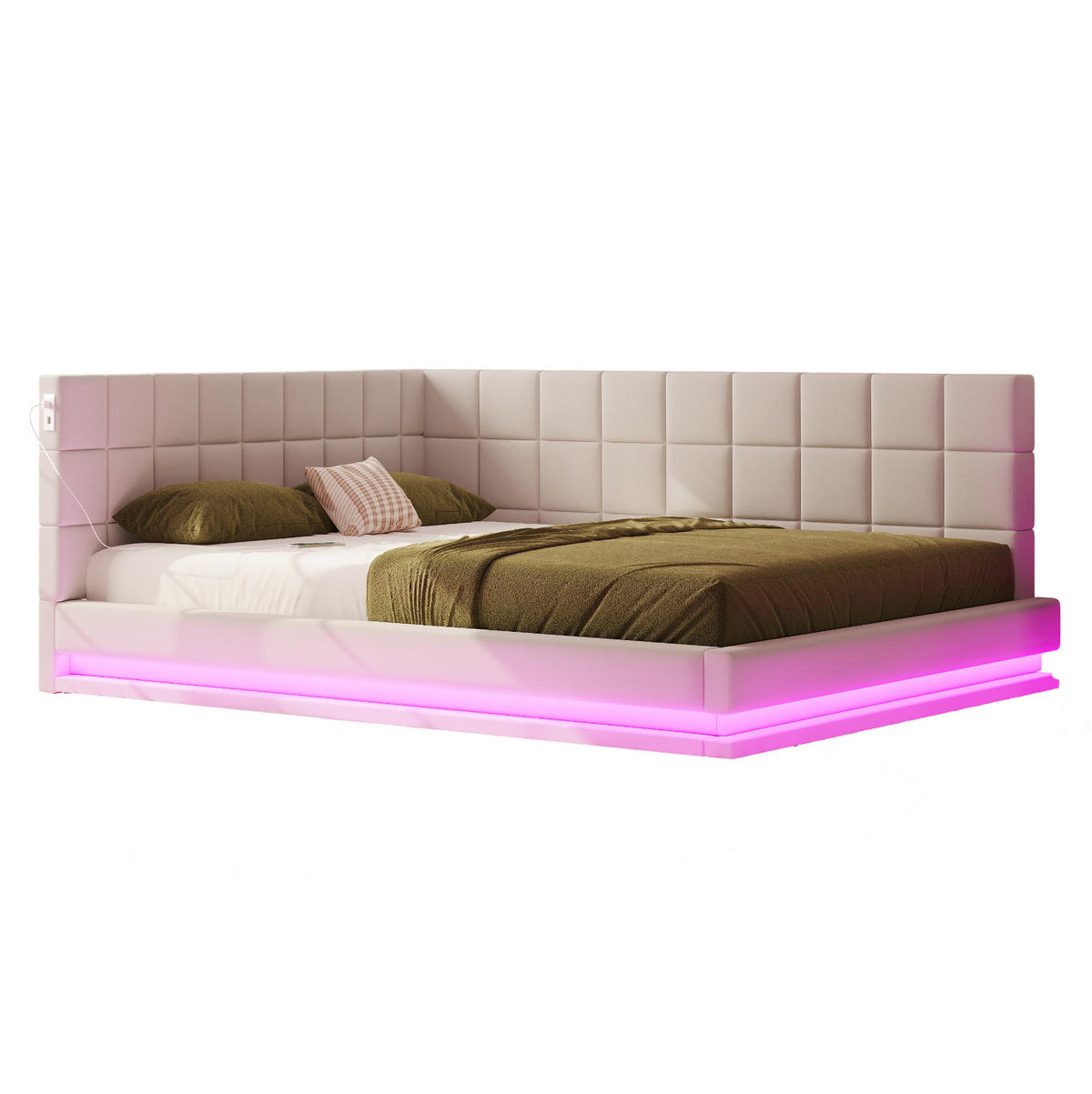 POLSTERBETT Schlafsofa 160/200 cm aus Leinen mit LED-Lichtleiste und USB-Anschluss Beige - Beige, Textil (160/200cm) - Modenvie