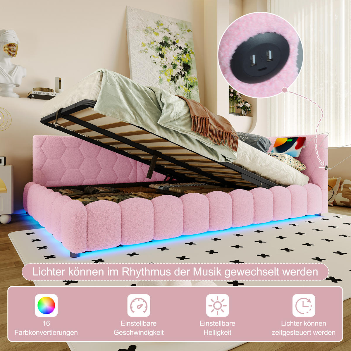 SCHLAFSOFA 140/200 cm in Pink mit Bettkasten, LED, USB und Type-C - Rosa, Holzwerkstoff/Textil (140/200cm) - WISHDOR