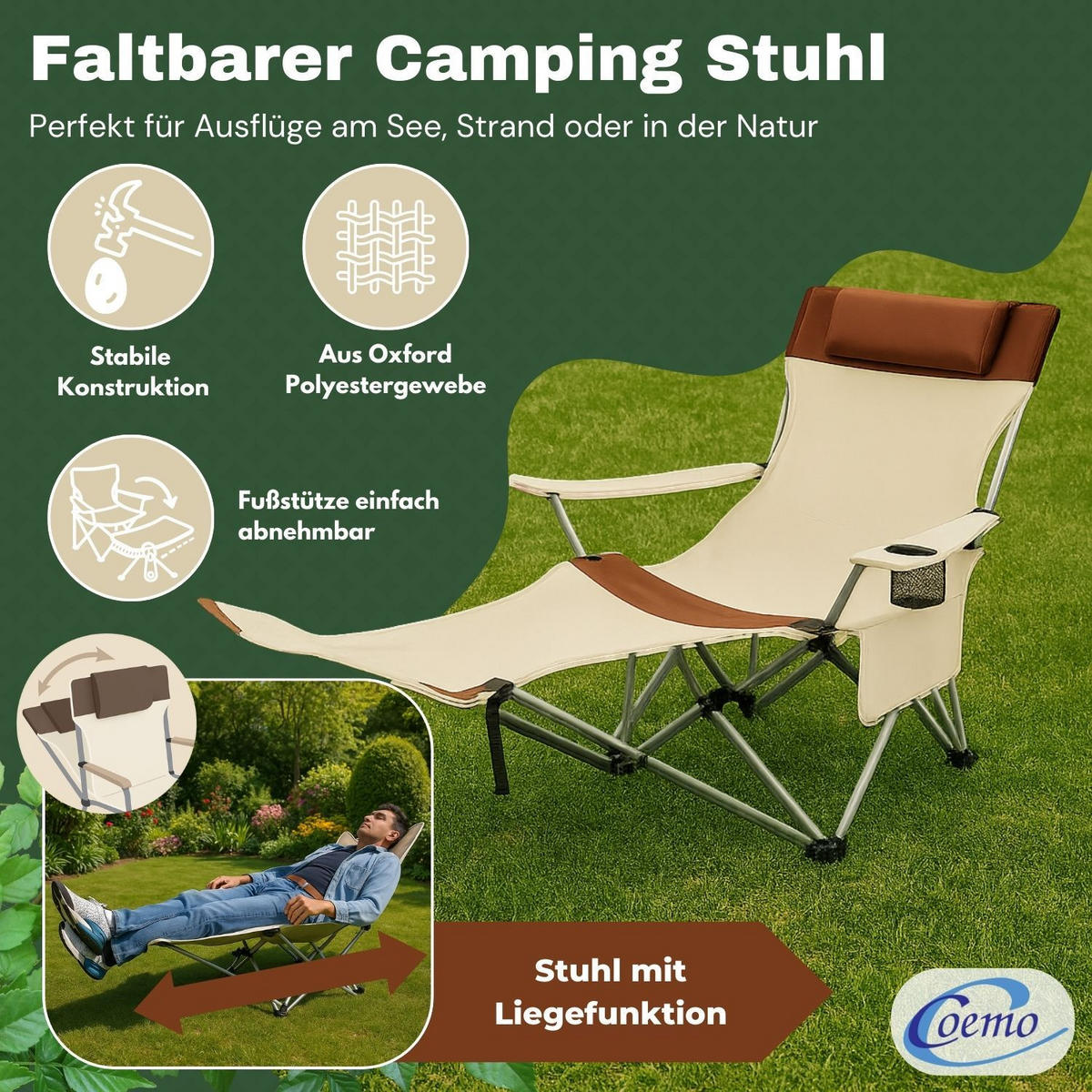 GARTEN LIEGESTUHL klappbar in Beige - Beige, Metall (53/88/156cm) - Coemo