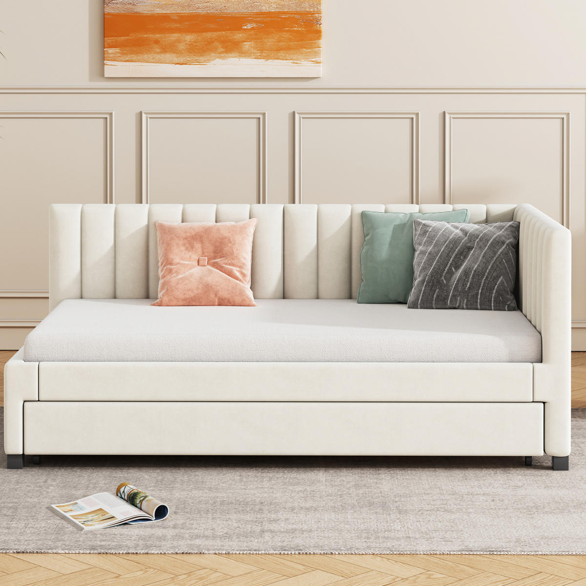 BETT aus Samtstoff 90x200 cm Beige mit Ausziehbett, Lattenrost und gepolstertem Kopfteil - Beige, Leder (140/200cm) - Modfu