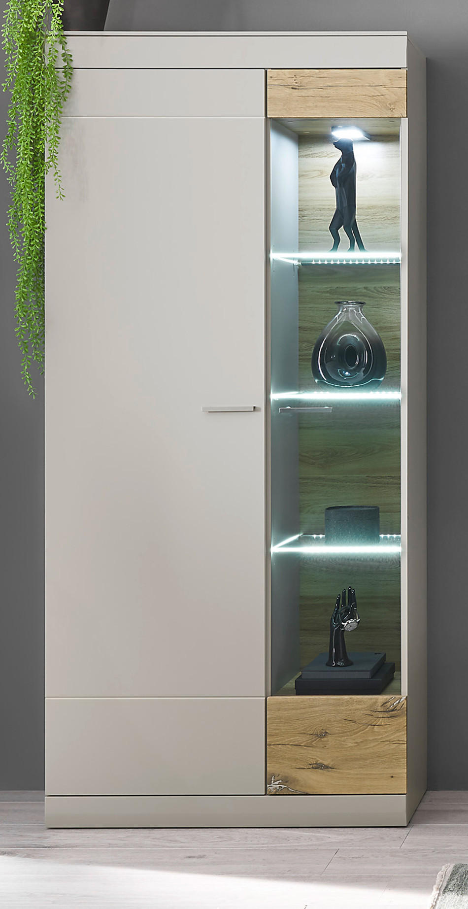 VITRINE grau matt, Zinneiche 90 cm, Vitrinenschrank mit Soft-Close - Eichefarben/Silberfarben, Glas/Holzwerkstoff (90/199/35cm) - Furn.Design