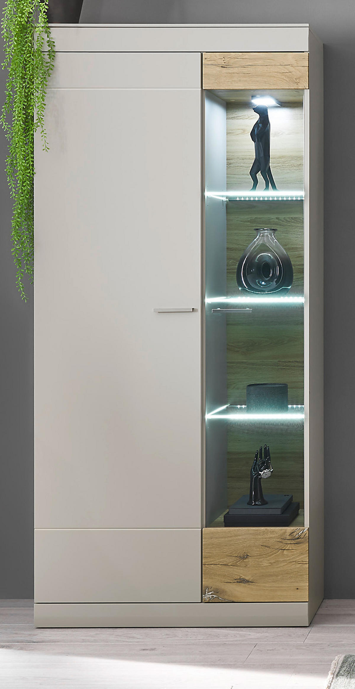 VITRINE grau matt, Zinneiche 90 cm, Vitrinenschrank mit Soft-Close - Eichefarben/Silberfarben, Glas/Holzwerkstoff (90/199/35cm) - Furn.Design