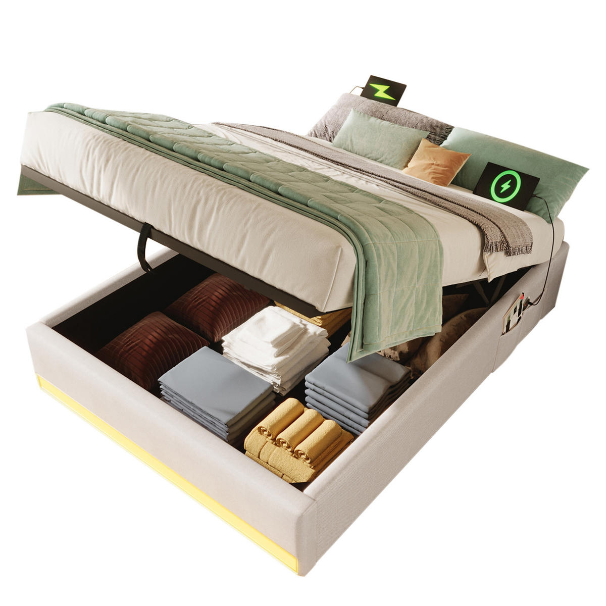 POLSTERBETT 90/200 cm Beige mit LED-Beleuchtung und USB- sowie Typ-C-Anschlüssen - Beige, Textil (90/200cm) - OKWISH