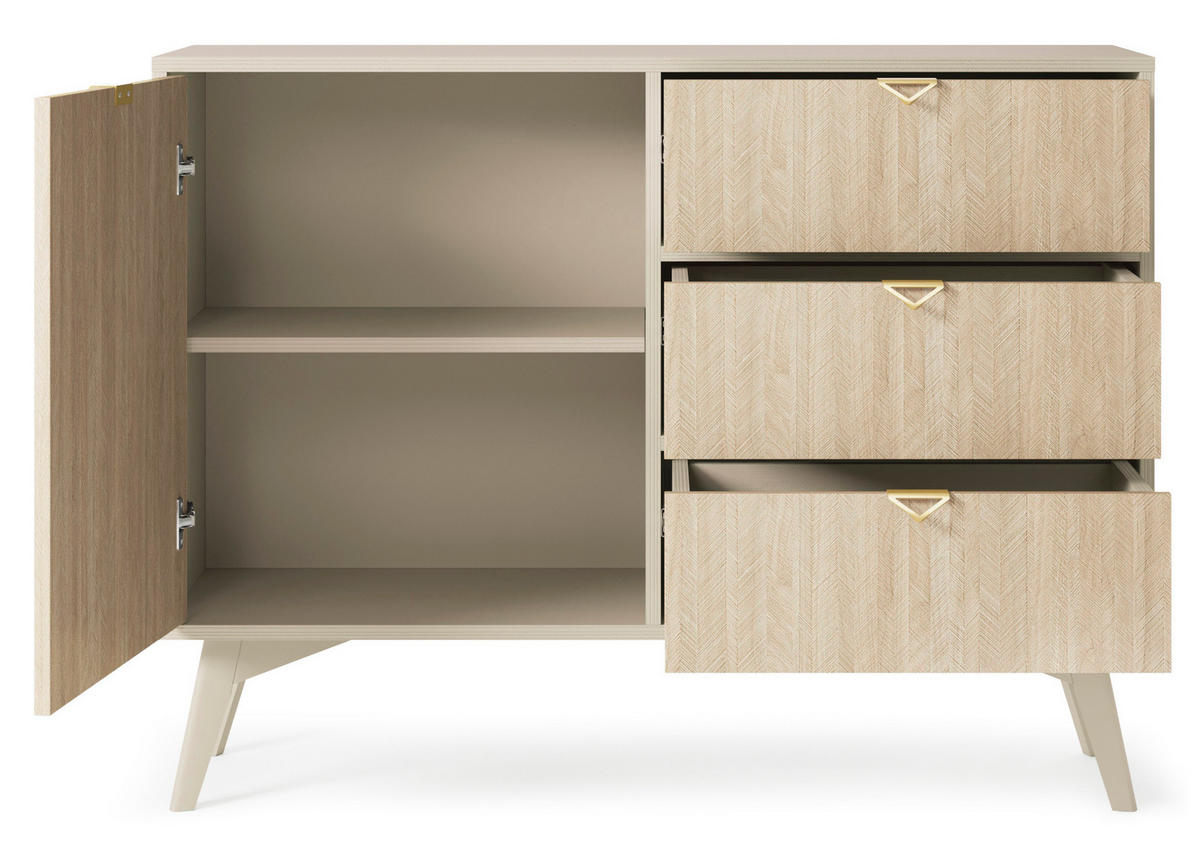 KOMMODE Silva 106 cm in Sandbeige + Scandi-Fischgrätmuster mit Türen und Schubladen - Beige/Goldfarben, Holz/Holzwerkstoff (106/81/38cm) - Ravio