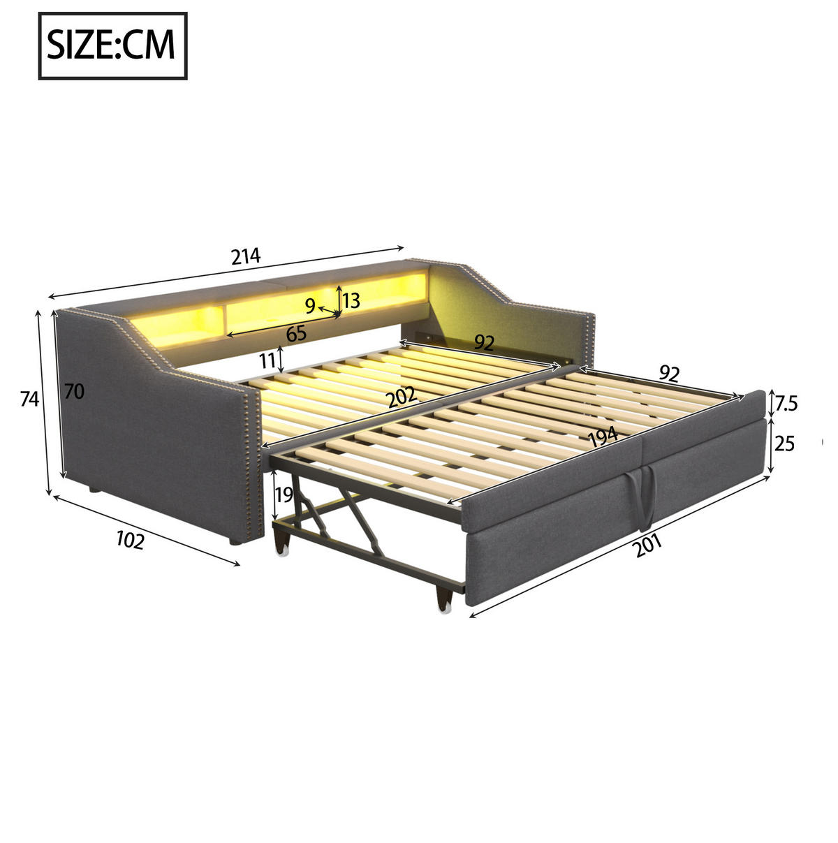 MULTIFUNKTIONSBETT 90/200 cm und 180/200 cm Dunkelgrau mit USB-Anschluss und LED-Beleuchtung Mit Matratze - Dunkelgrau, Textil (90/190cm) - OKWISH