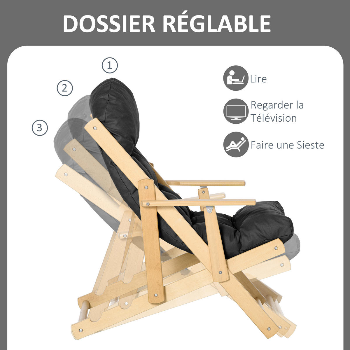 KLAPPSTUHL DE-13267 3-fach verstellbar & dickes Polster - Schwarz, Holz (89/96/71cm) - ComfortXL
