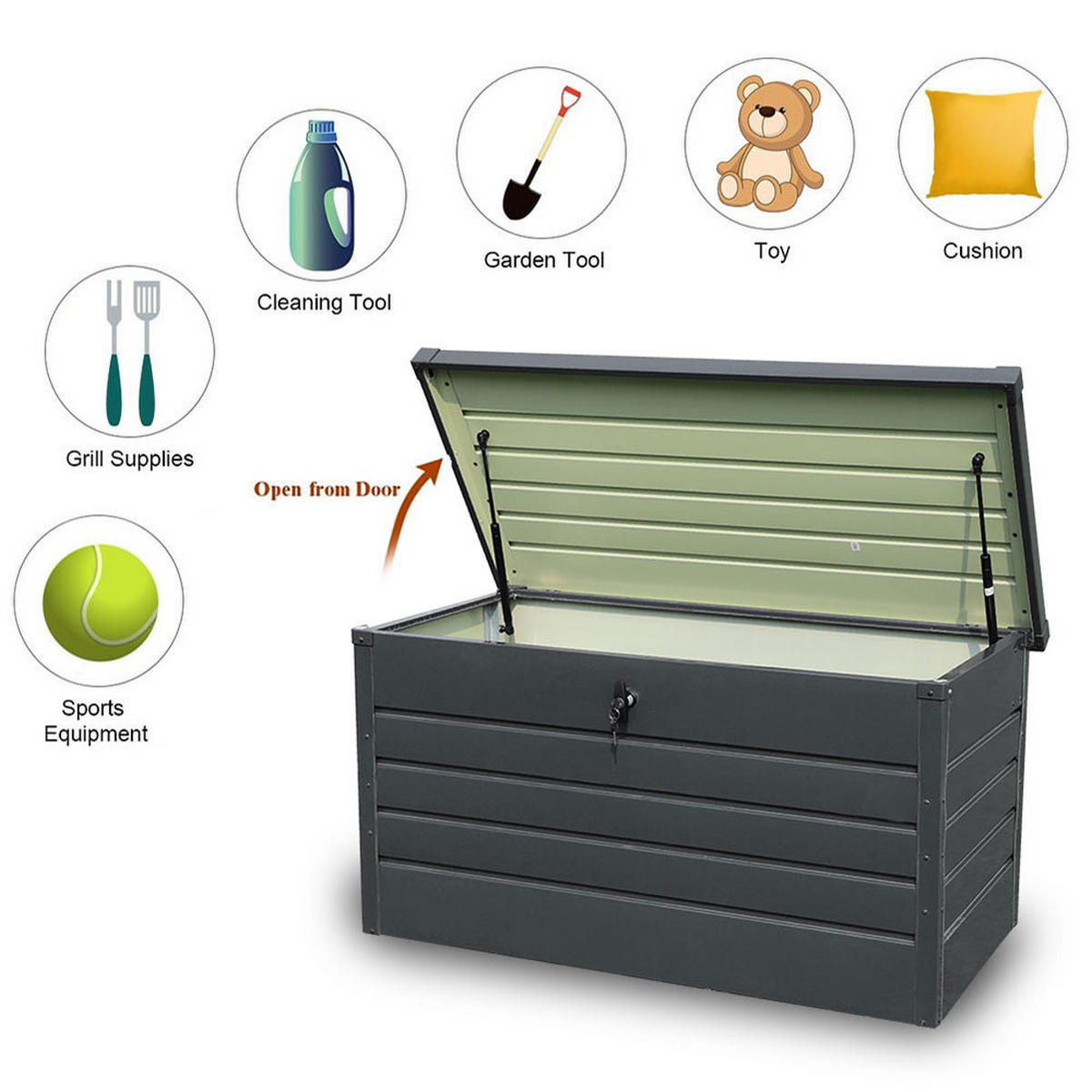 GARTENBOX Auflagenbox Kissenbox mit Schloss für Werkzeuge aus Metall in Schwarz in AußenGarten abschließbar 120 x 61 x 63 cm 20 kg - Schwarz, Metall (120/63/61cm) - Livingandhome