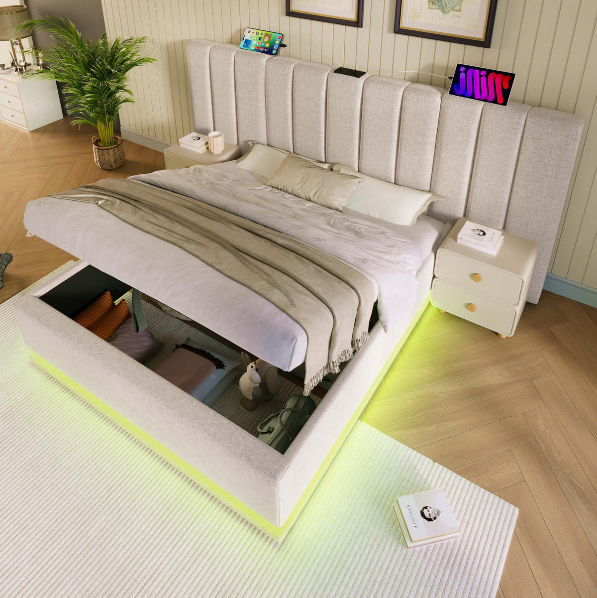 POLSTERBETT 180/200 cm mit Bettkasten, LED und gepolstertem Kopfteil - Beige, Textil (180/200cm) - BEAOK
