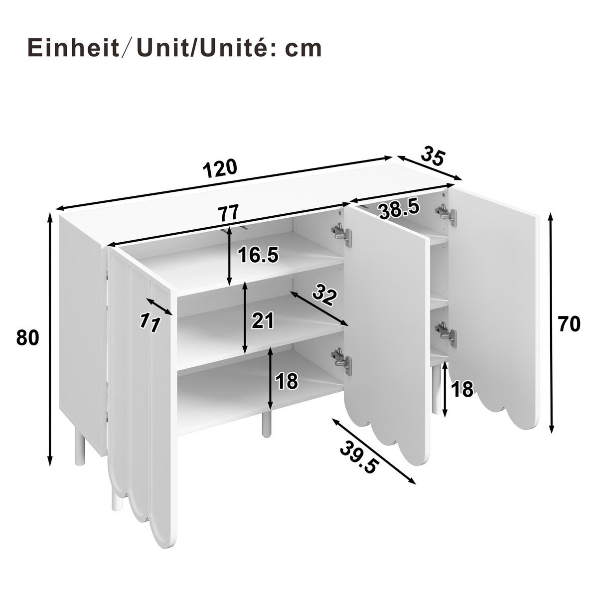 SIDEBOARD in Weiß, grifflos mit Wellentüren, MDF, verstellbare Regalböden, 120/35/80 cm, Weiß - Weiß, Holzwerkstoff (120/80/35cm) - Redom