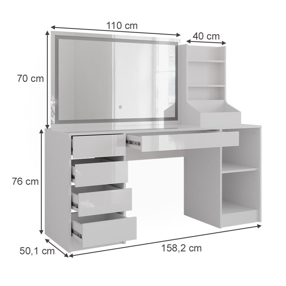 SCHMINKTISCH Sherry Weiß/Weiß Hochglanz 158.2 cm 3 Teile - Weiß Hochglanz, Holzwerkstoff (158.2/76/50.1cm) - Vicco