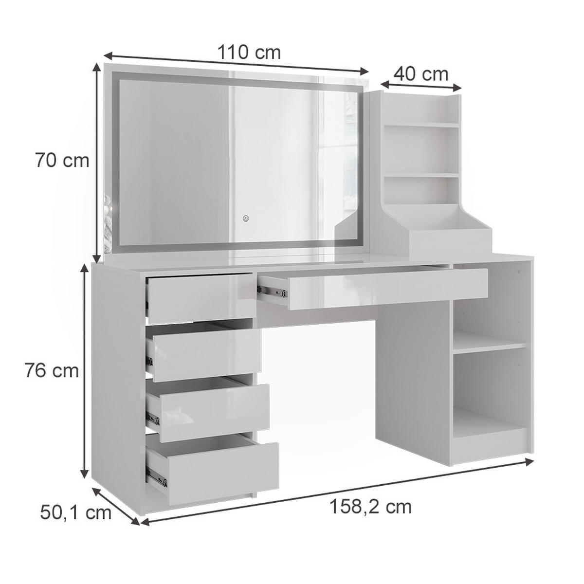 SCHMINKTISCH Sherry Weiß/Weiß Hochglanz 158.2 cm 3 Teile - Weiß Hochglanz, Holzwerkstoff (158.2/76/50.1cm) - Vicco