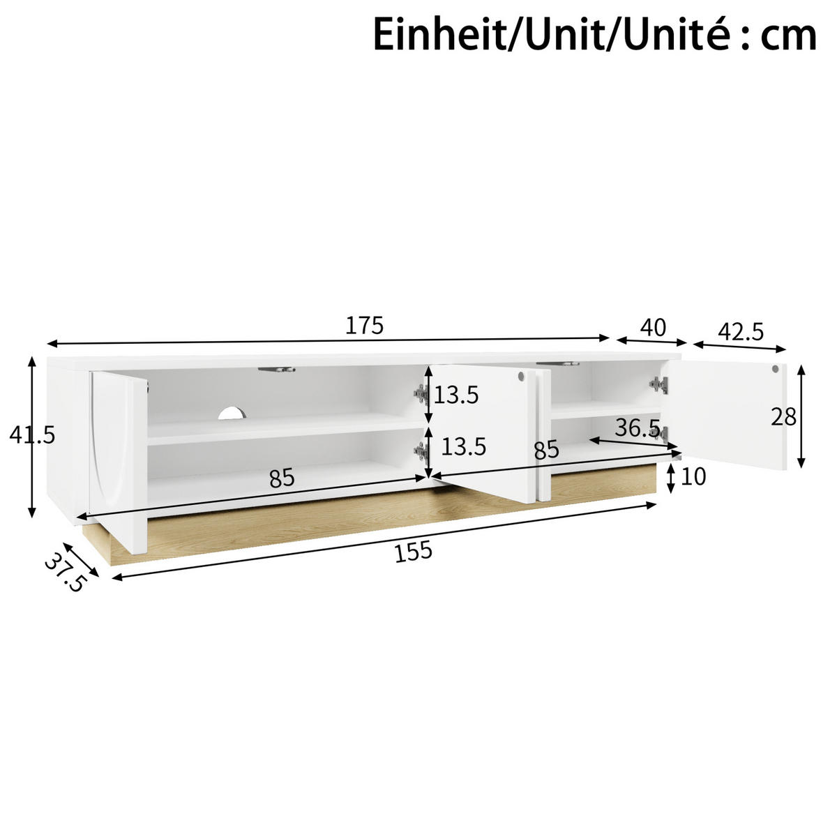 TV-ELEMENT mit 4 Türen 175 x 40 cm MDF Weiß - Weiß, Holzwerkstoff (40/41.5/175cm) - Beauniv