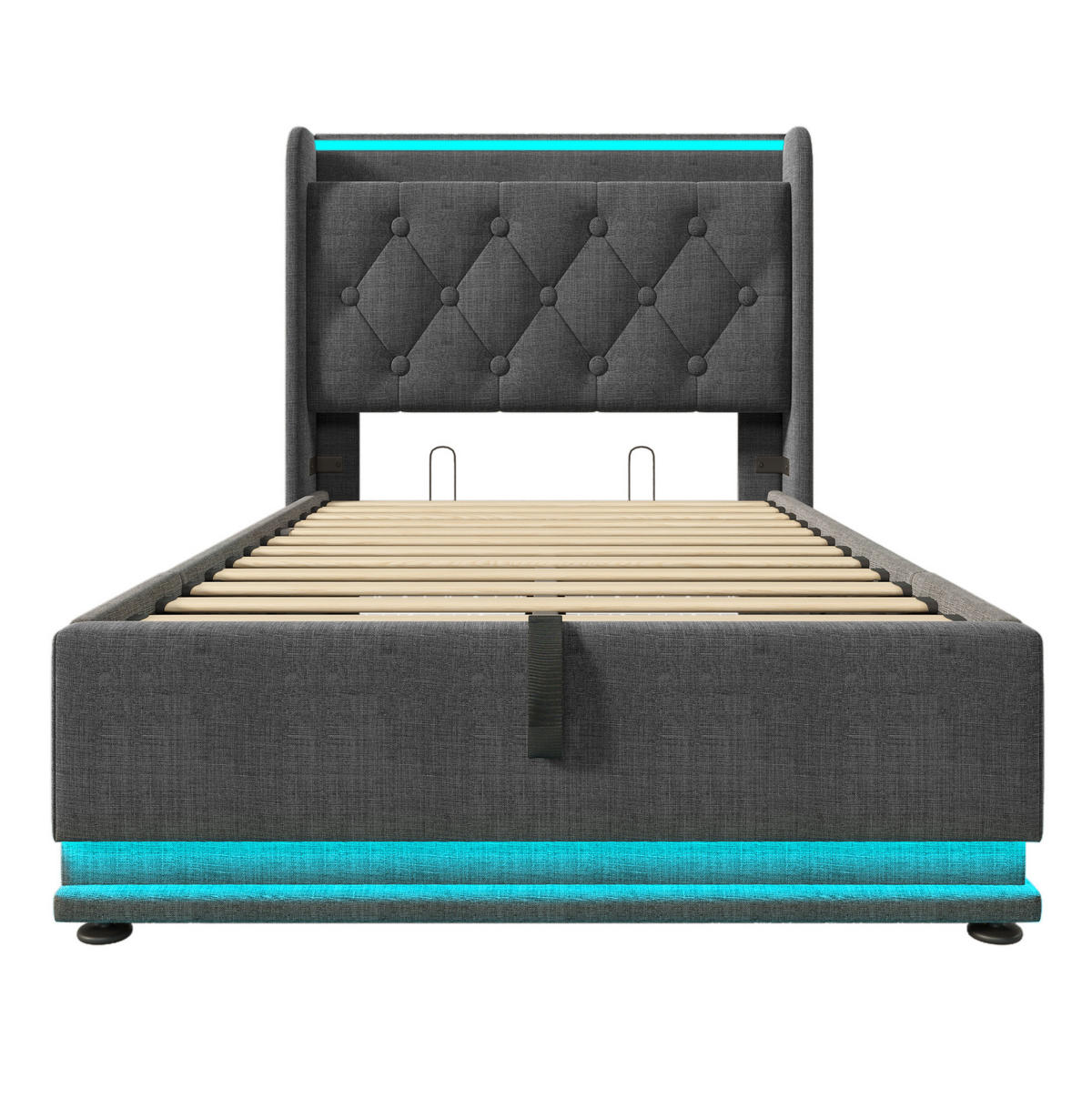 POLSTERBETT aus Leinen 90x200 cm Grau mit LED-Beleuchtung, USB-C, Bettkasten und Matratze - Grau, Textil (90/200cm) - IVMEU