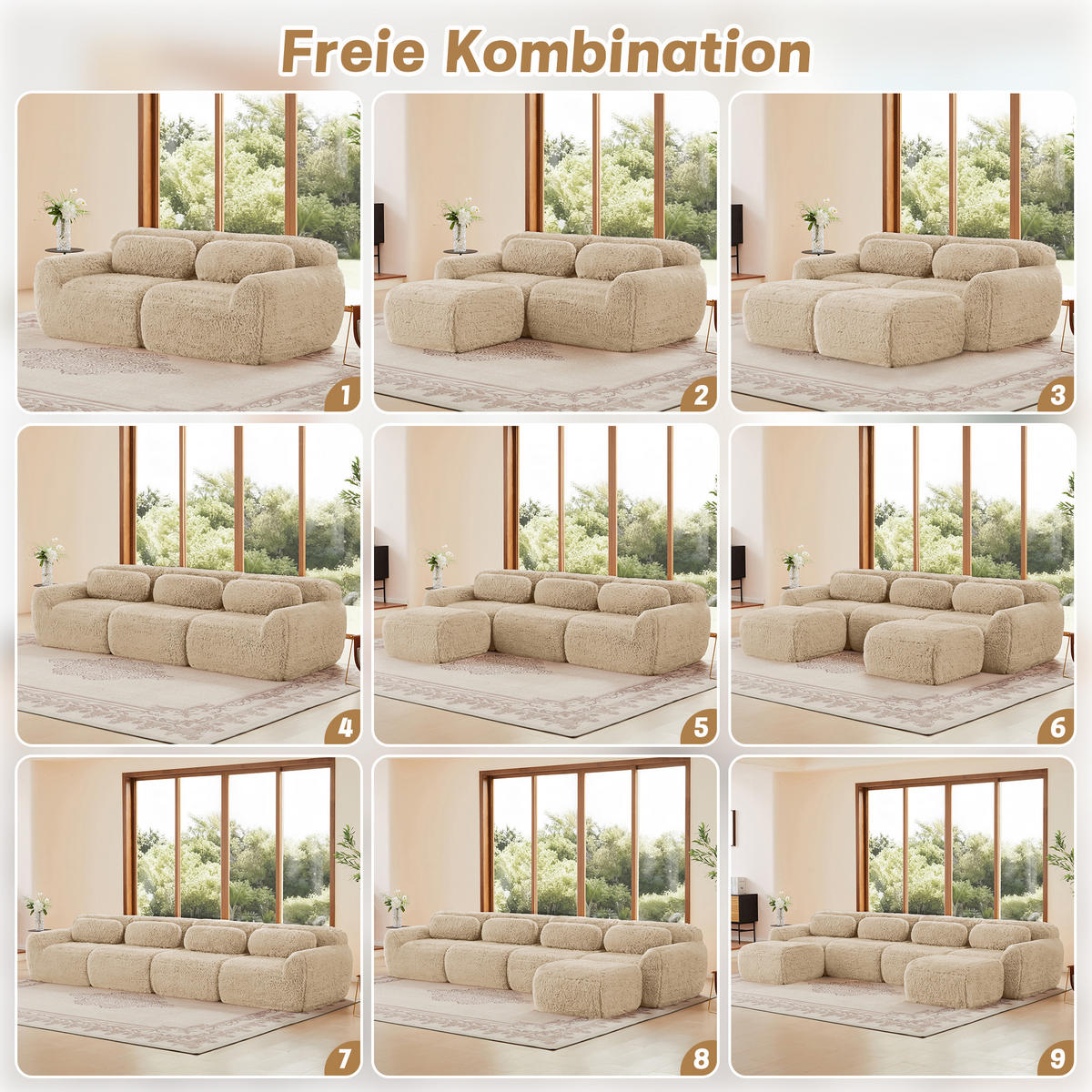ECKSOFA 204/179/73 cm Hellkhaki aus Plüsch modular ohne Montage - Beige, Textil (179/204cm) - OKWISH
