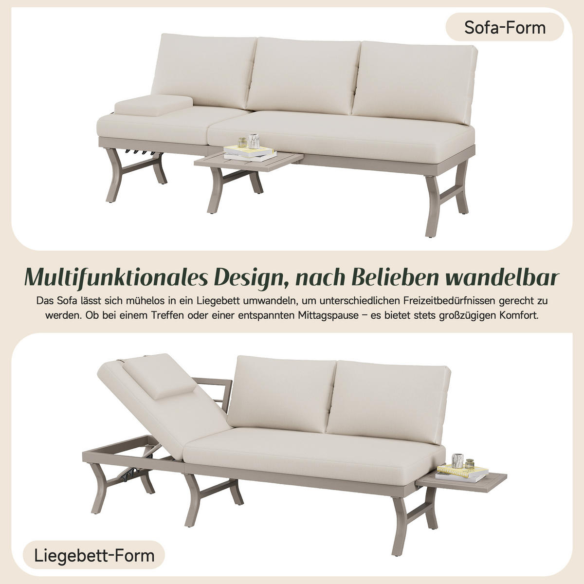 GARTENMÖBEL-SET 3-Sitzer Sofa Verstellbar Tisch Stahl Beige - Beige, Textil (66/66/168cm) - FLIEKS