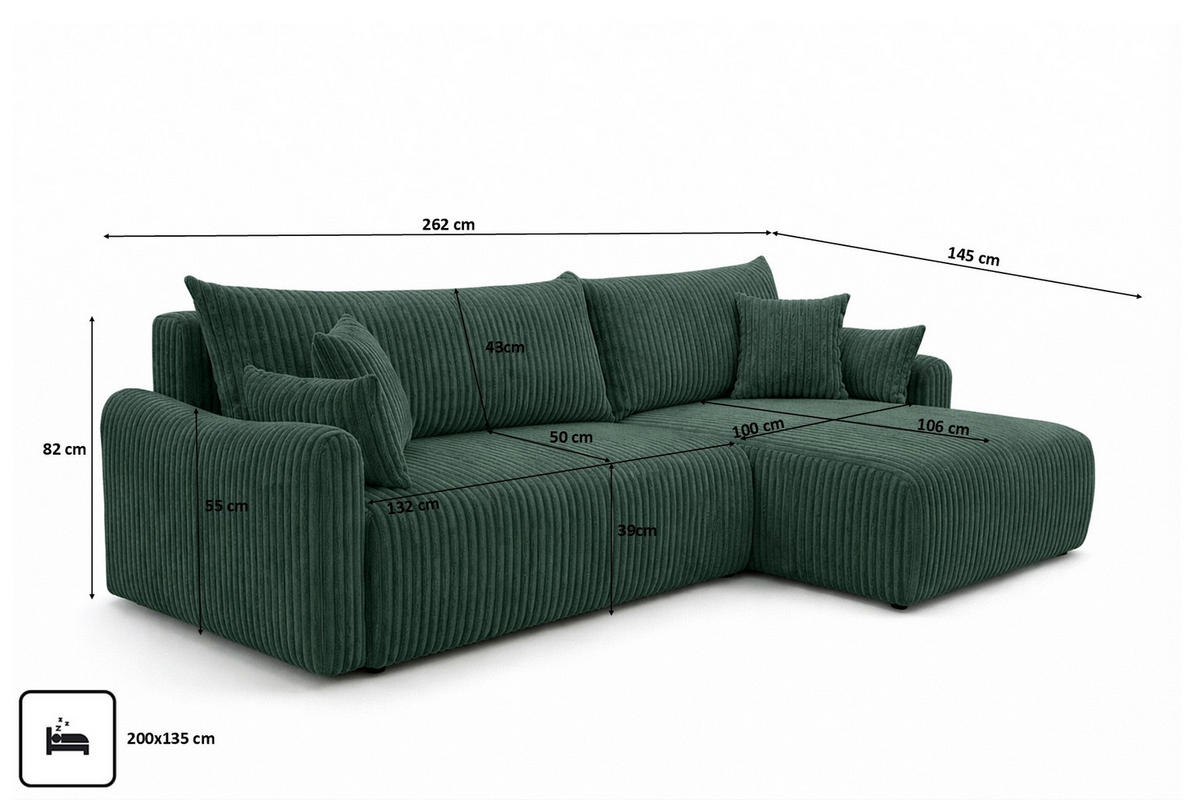 ECKSOFA Mit Schlaffunktion, Cordstoff Tilia, Grün, Rechts, JAPANDI - Grün, Holz (262/145cm) - Kaiser Möbel