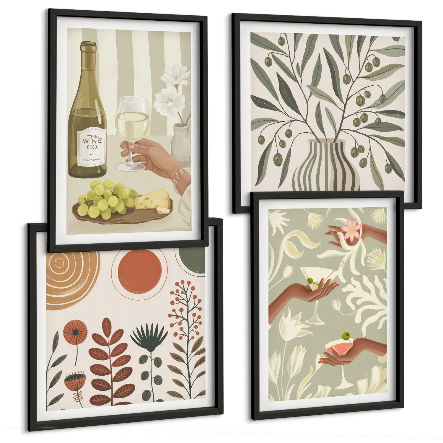 BILDER SET 4er Set - 50x50 cm & 40x60 cm Schwarzer Rahmen - Rustikale Cocktails mit Olivenblüten - Schwarz, Kunststoff (50/50cm) - TULUP