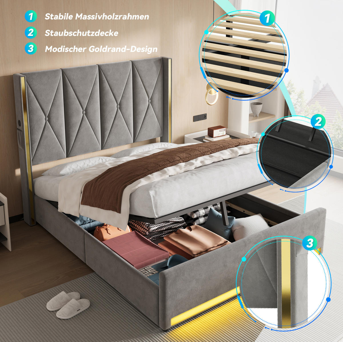 POLSTERBETT 160/200 cm mit LED-Beleuchtung, USB- und Type-C-Anschluss, Bettkasten und Seitentaschen, Dunkelgrau - Dunkelgrau, Textil (160/200cm) - Redom