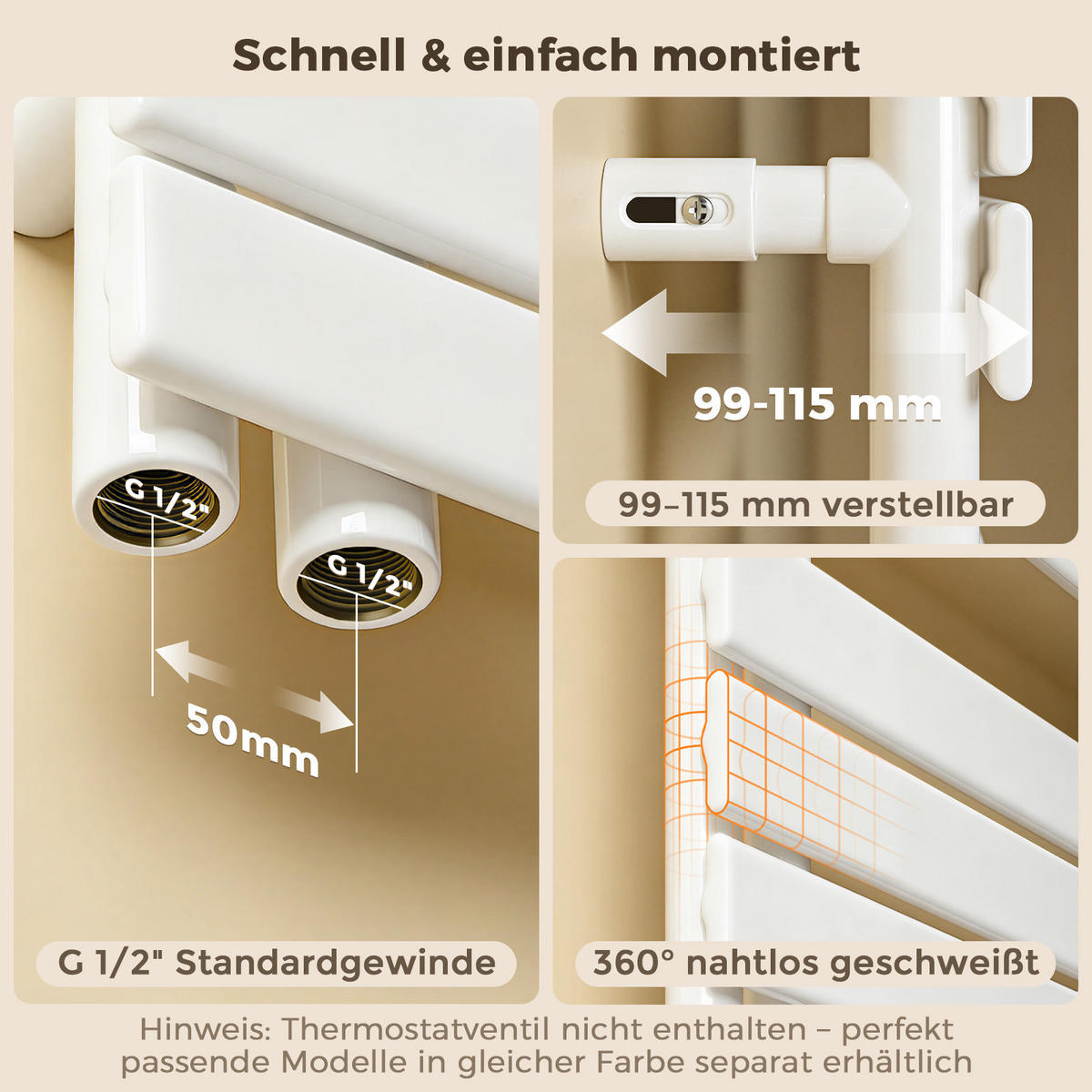 HEIZKÖRPER 104,1/50cm Weiß aus Stahl 529 W Warmwasser mit Mittelanschluss G1/2" - Weiß, Metall (50/104.1/5.9cm) - S'AFIELINA
