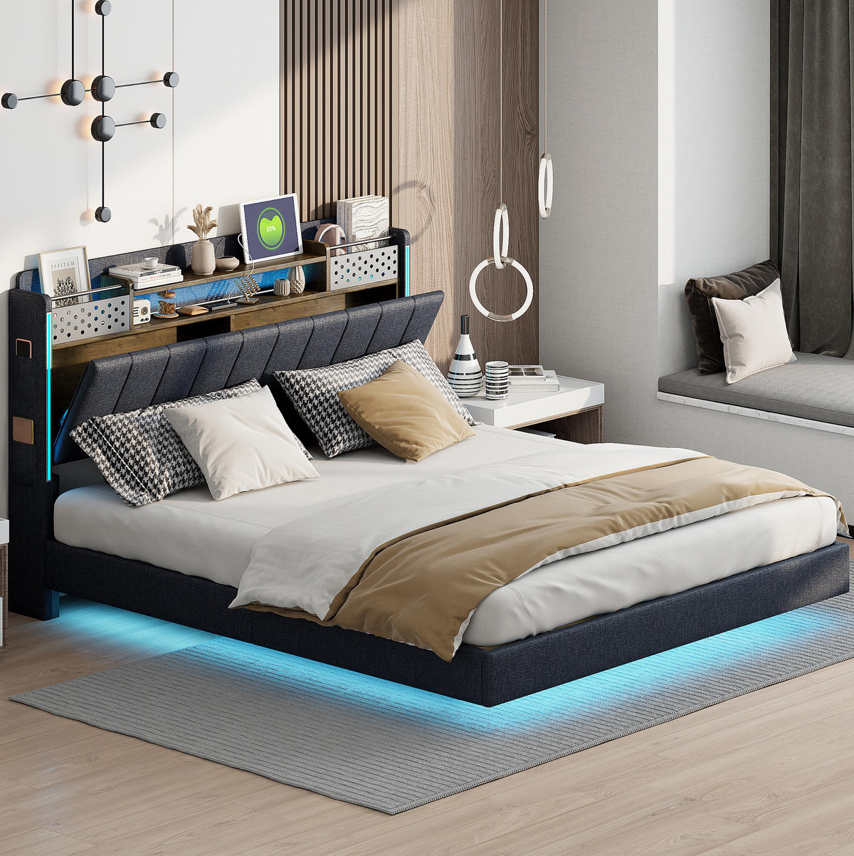 ČALOUNĚNÁ postel 160/200 cm šedá z lněné tkaniny s LED osvětlením a USB - šedá, textil (160/200cm) - OKWISH