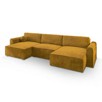 WOHNLANDSCHAFT FENTO M Gelb Velours-Stoff mit Schlaffunktion - Gelb, Holz (347/90/148cm) - MASSENO