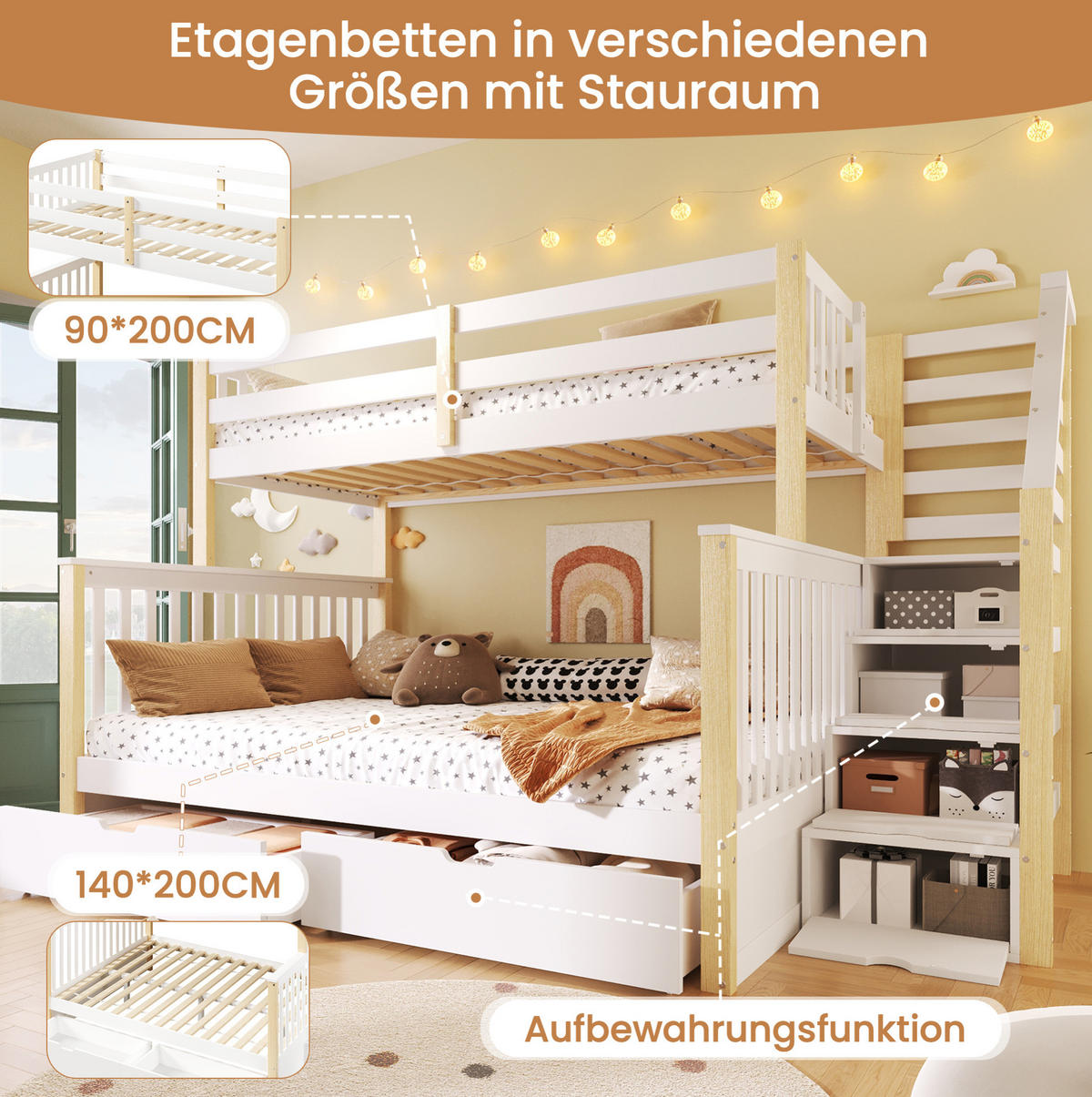 HOCHBETT 90/200-140/200 cm aus Kiefernholz mit Schubladen, Weiß - Weiß, Holz (90/200cm) - OKMYHOME