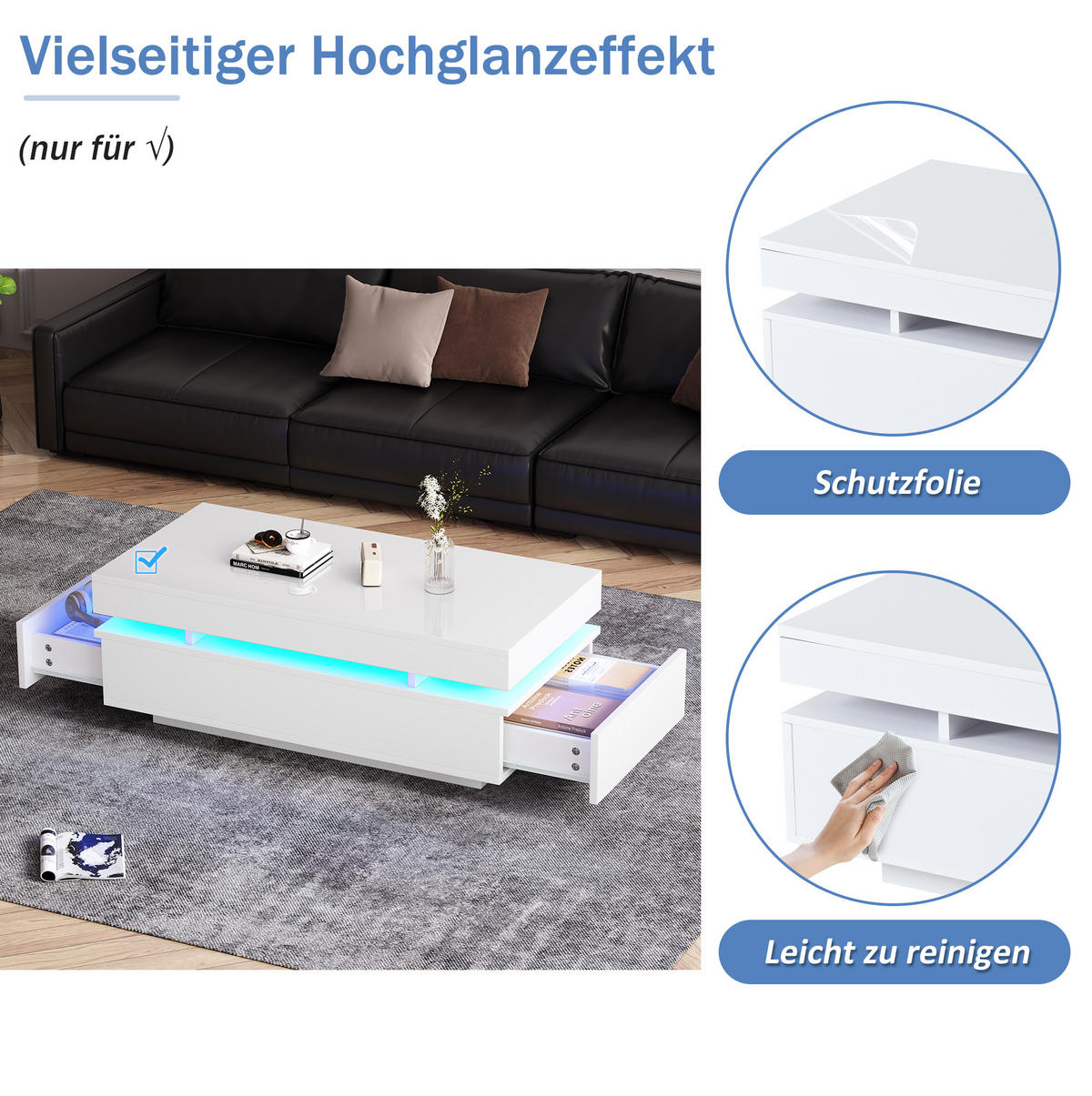 COUCHTISCH 100/50/35 cm mit 2 Schubladen, LED-Beleuchtung und Hochglanz-Oberfläche, Weiß - Weiß, Holzwerkstoff (100/50/35cm) - Redom