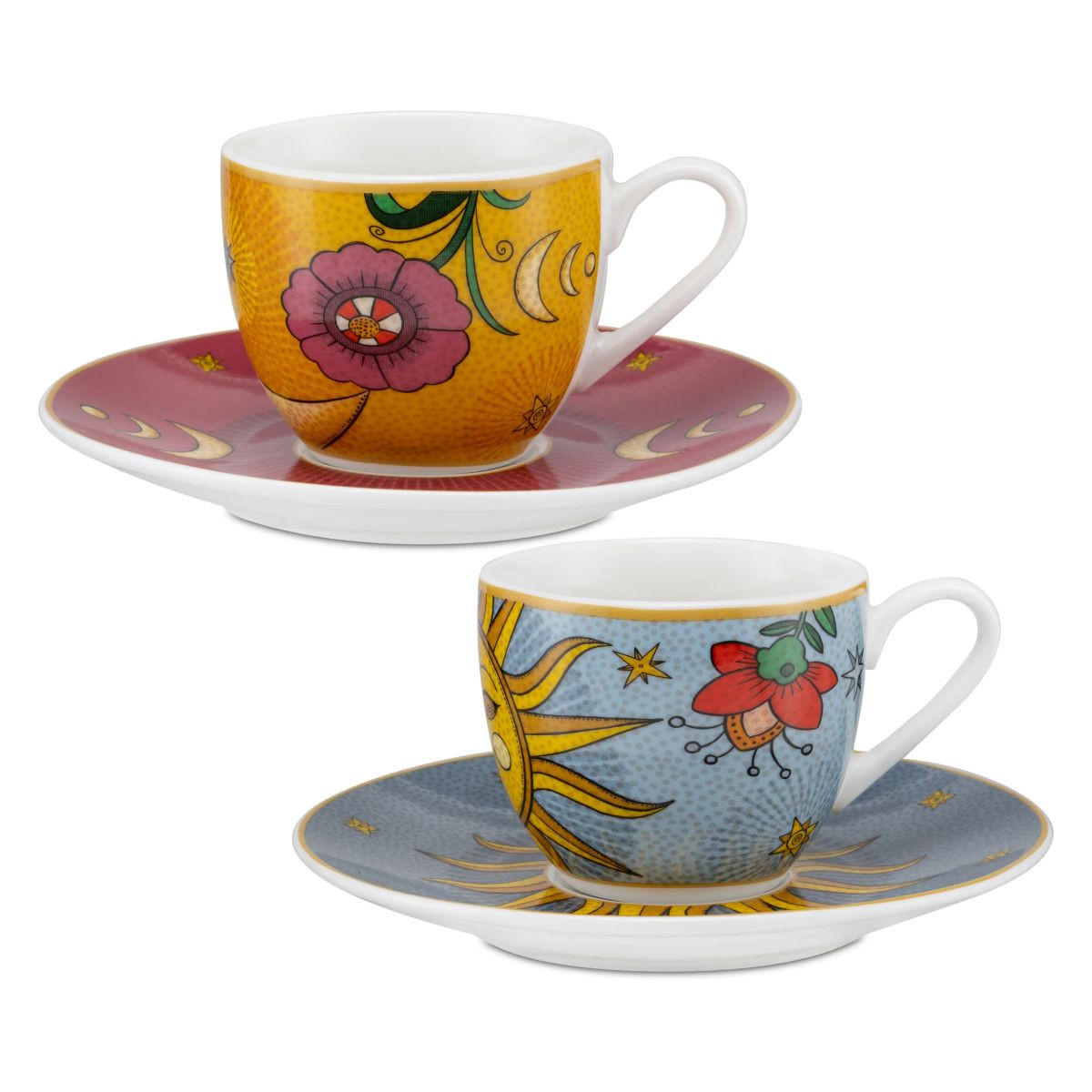 ESPRESSOTASSEN mit Untertassen 2er Set MIRABILIA 90 ml „Sole & Luna“ - Orange, Keramik (0.36L)