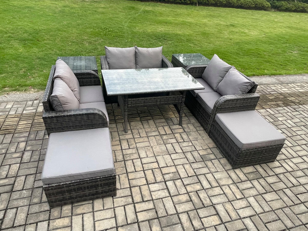 SITZGRUPPE mit Esstisch,Zweisitzer,2 Hockern,2 Beistelltisch Polyrattan 8-Sitzer - Dunkelgrau/Grau, Glas/Kunststoff - Fimous