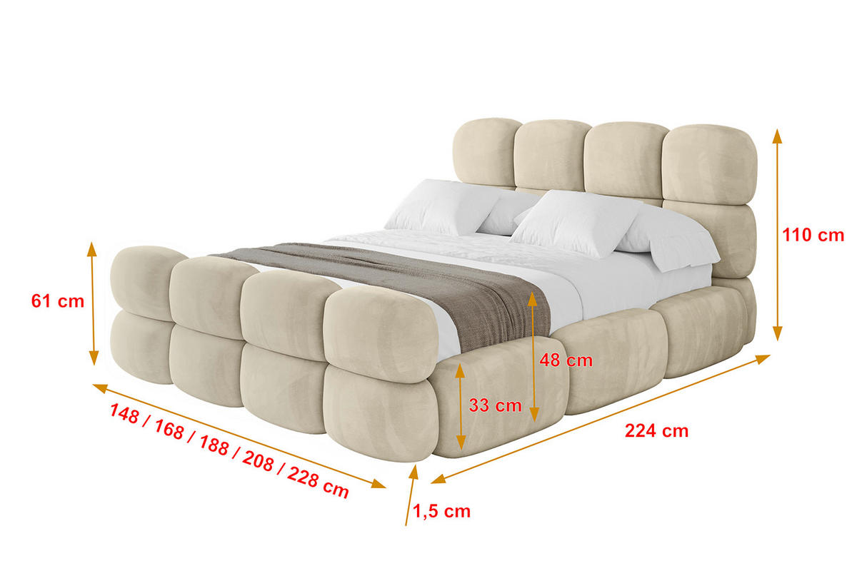 POLSTERBETT mit Bettkasten, Fußteil und Lattenrost, Bett mit Matratze H3/H4 - NOMA-Z 200x200 Beige - Ecru, Holzwerkstoff/Textil (200/200cm) - ALTDECOR