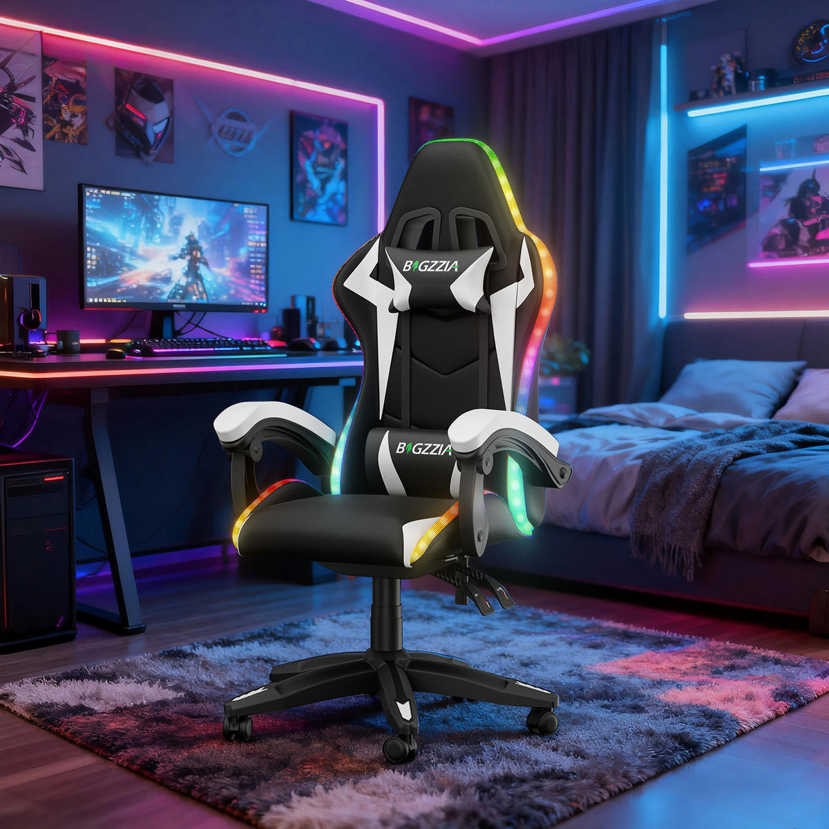 GAMINGSTUHL Schwarz-Weiß Racing Ergonomisch mit LED-Licht - Weiß, Leder (29/59/79cm) - Rattrix