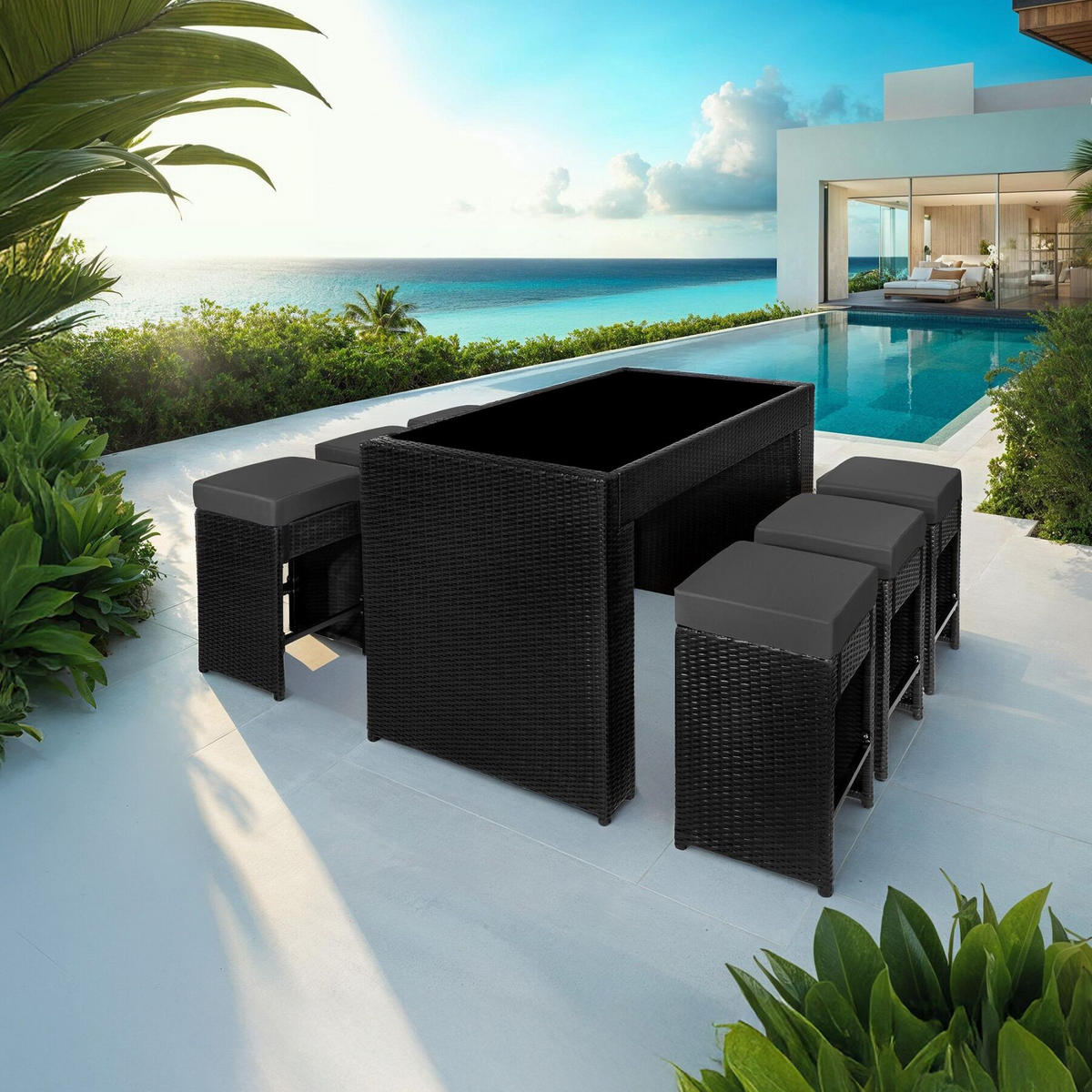 RATTAN BARSET Ibiza,2 Bezugssets,schwarz - Schwarz, Kunststoff - tectake