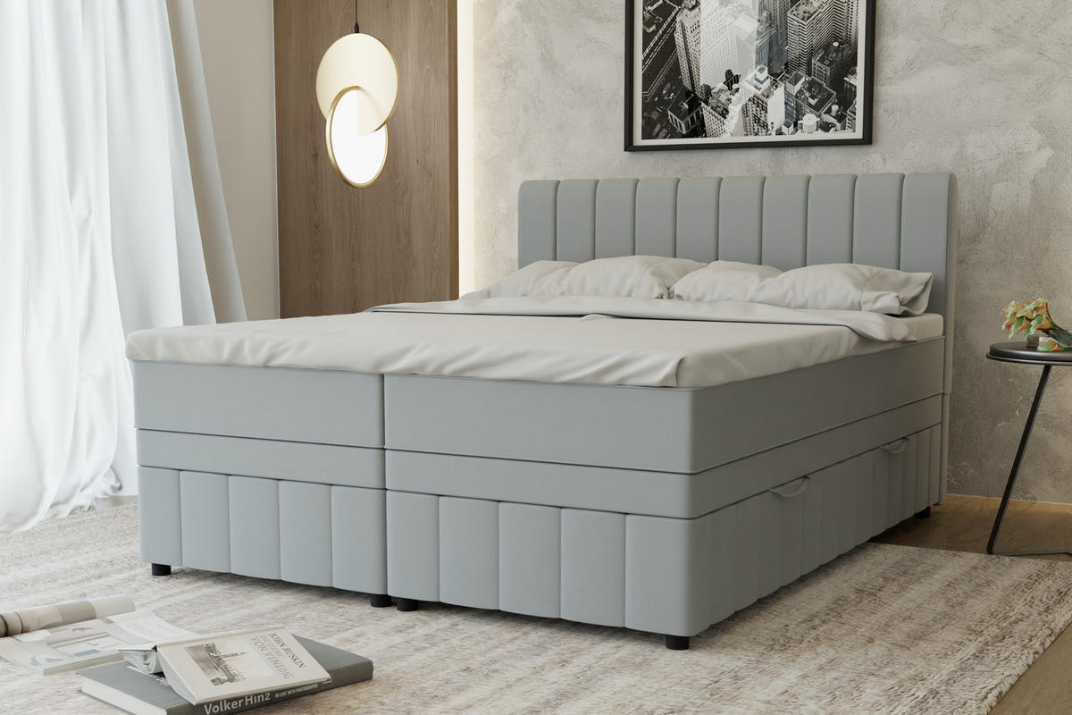 BOXBETT AVALON 160 x 200 cm mit Bettkasten und Topper - Hellgrau - Hellgrau, Holz - Panda Möbel