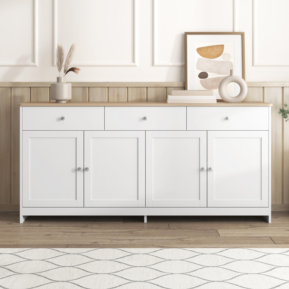 SIDEBOARD in Weiß Kommode mit 4 Türen und 3 Schubladen für Wohnzimmer und Esszimmer, B160/T37/H75cm - Weiß, Holzwerkstoff/Metall (160/75/37cm) - STILVORA