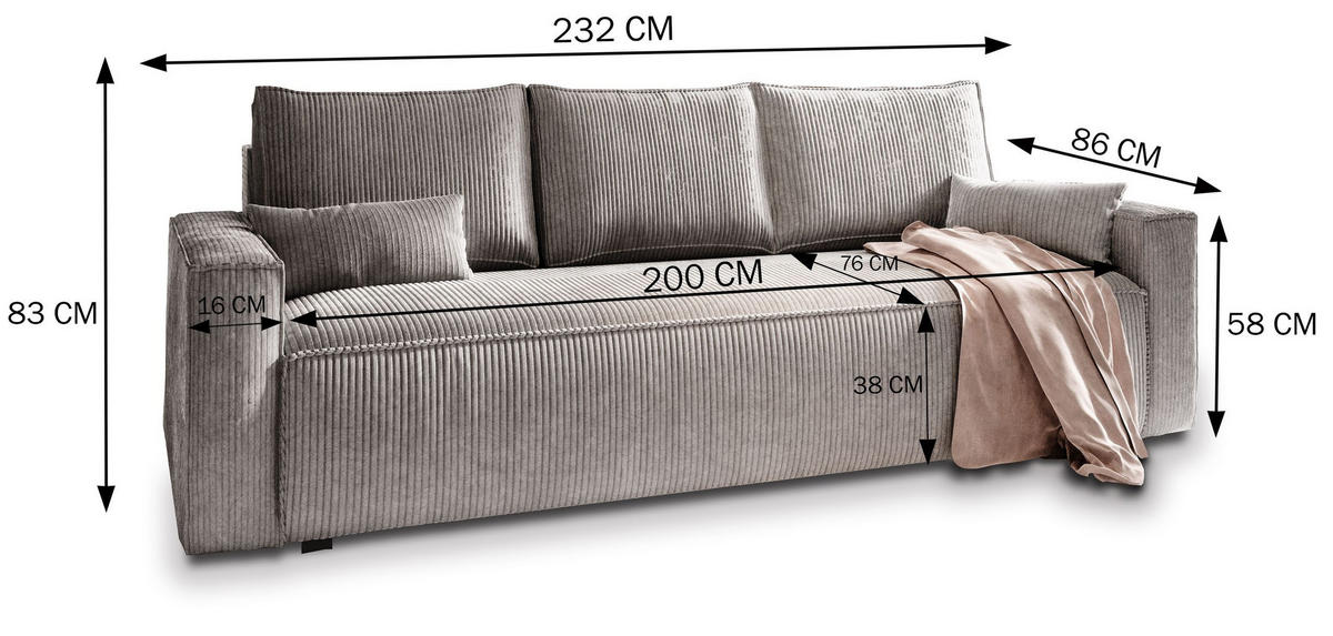 BETTSOFA MENI Creme Kordstoff mit Schlaffunktion - Creme, Textil (232/83/87cm) - MASSENO