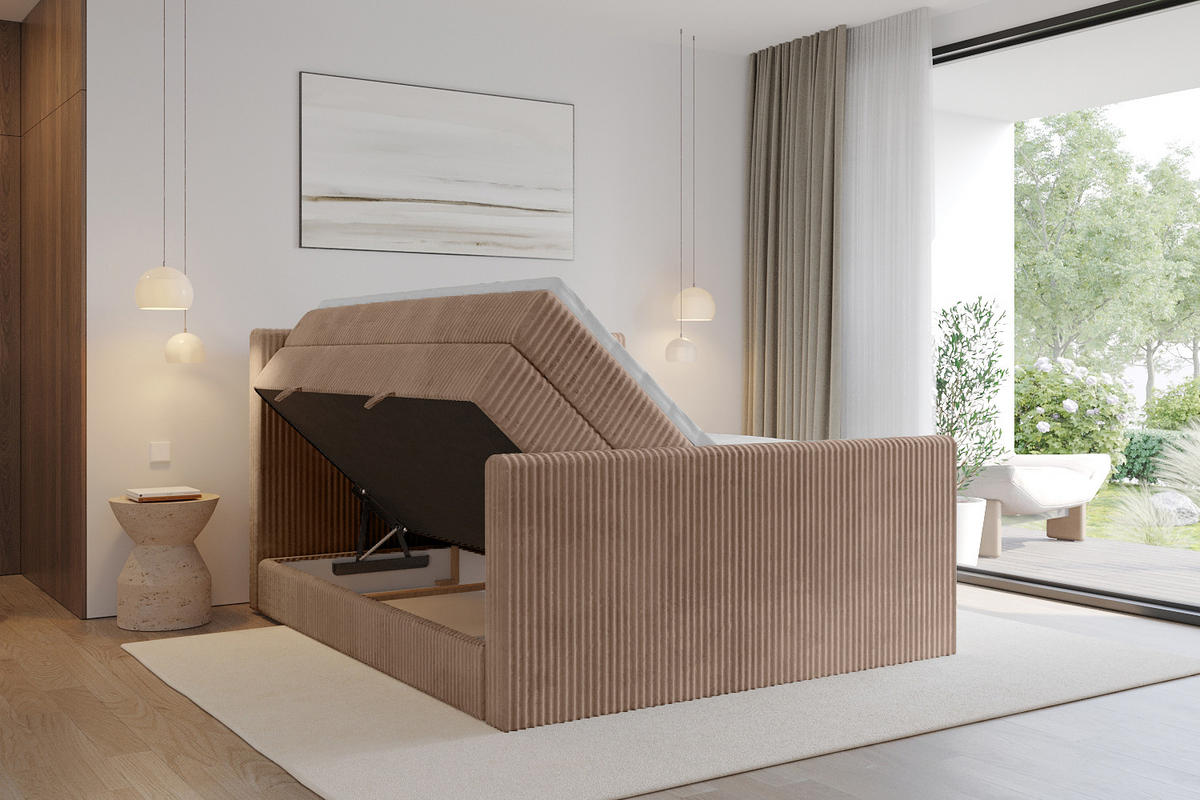 BOXSPRINGBETT mit Matratze H3|H4 und Lattenrost - TOLO-Z KING 140x200 Cord - Beige - Sandfarben, Holzwerkstoff (140/200cm) - ALTDECOR