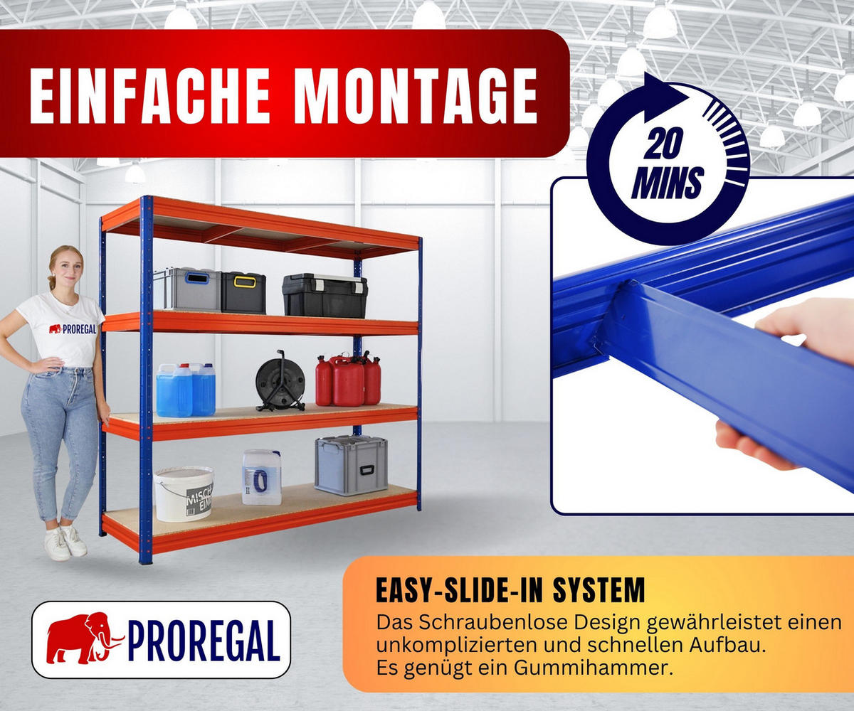 SCHWERLASTREGAL Dino 180x200x60cm Spanplatten-Ebenen Blau/Orange - Blau/Orange, Metall (200/180/60cm) - PROREGAL