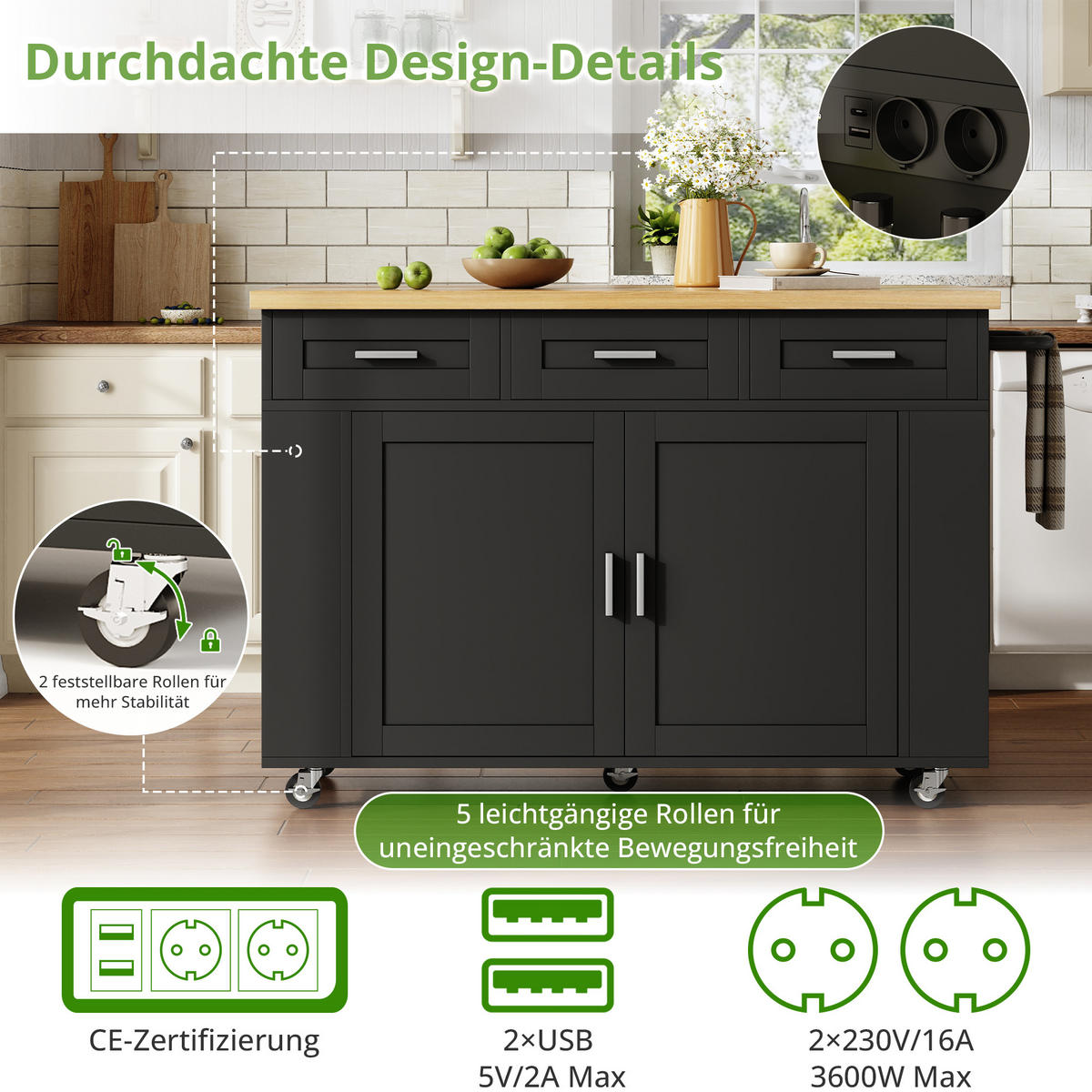 KÜCHENINSEL DE-41393 120/45-70/84 cm, klappbare Arbeitsplatte und Steckdosen Schwarz - Schwarz, Holzwerkstoff (120/84/70cm) - ComfortXL