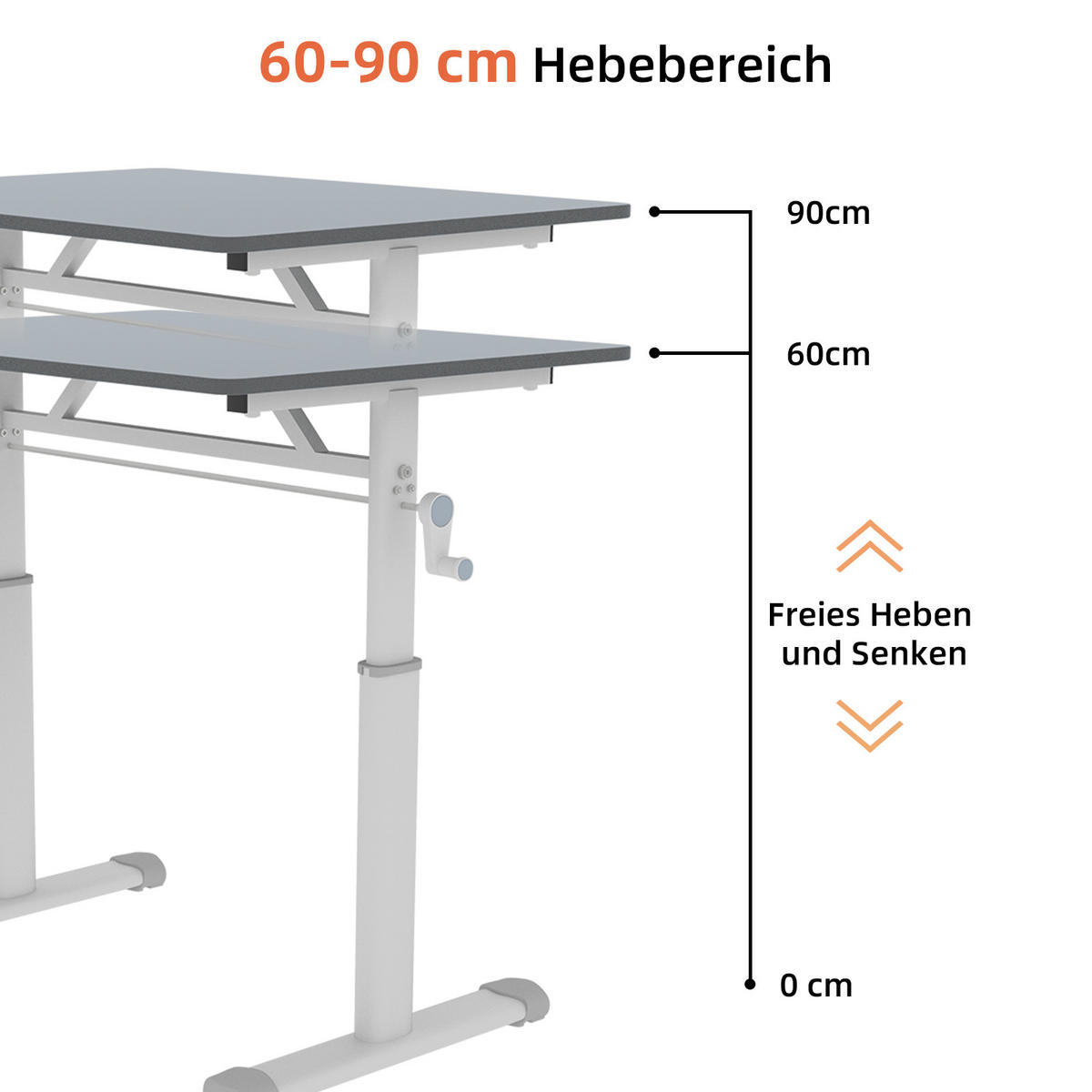 SCHREIBTISCH Grau 80/60/90 cm manuell höhenverstellbar mit Handkurbel Metallrahmen - Grau, Metall (60/80/90cm) - PANGIVO