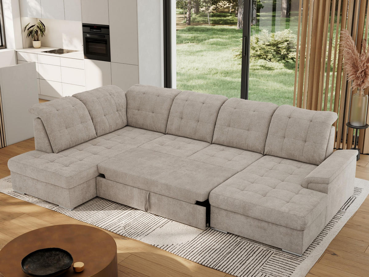 WOHNLANDSCHAFT MADRITO U - Beige Struktur - Links - Beige/Silberfarben, Textil/Metall (204/89/323cm) - MKS